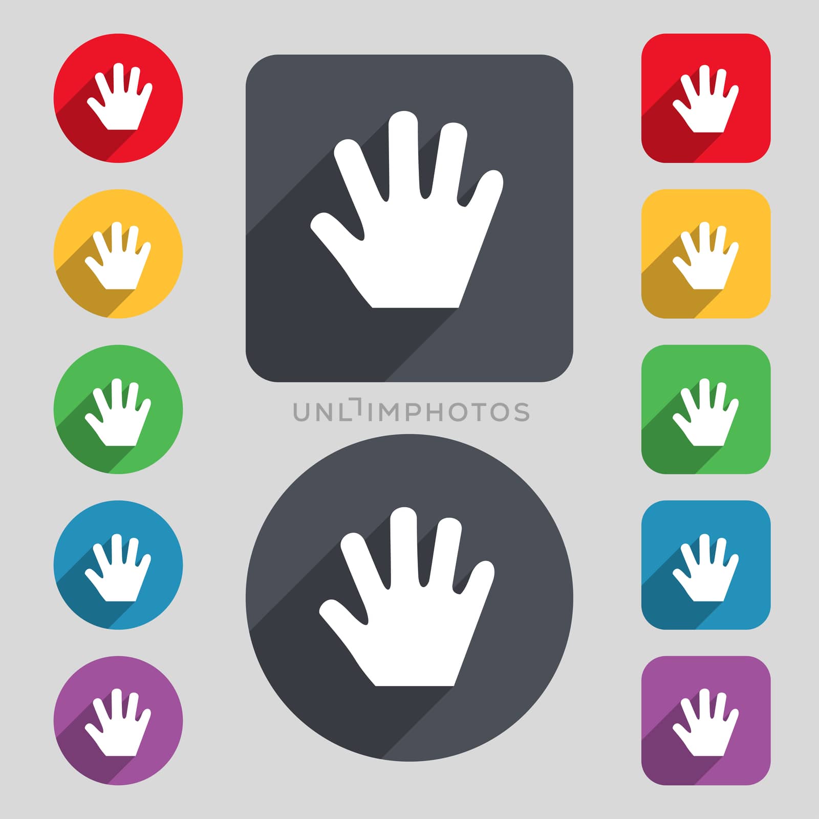 Hand icon sign. A set of 12 colored buttons and a long shadow. Flat design.  by serhii_lohvyniuk