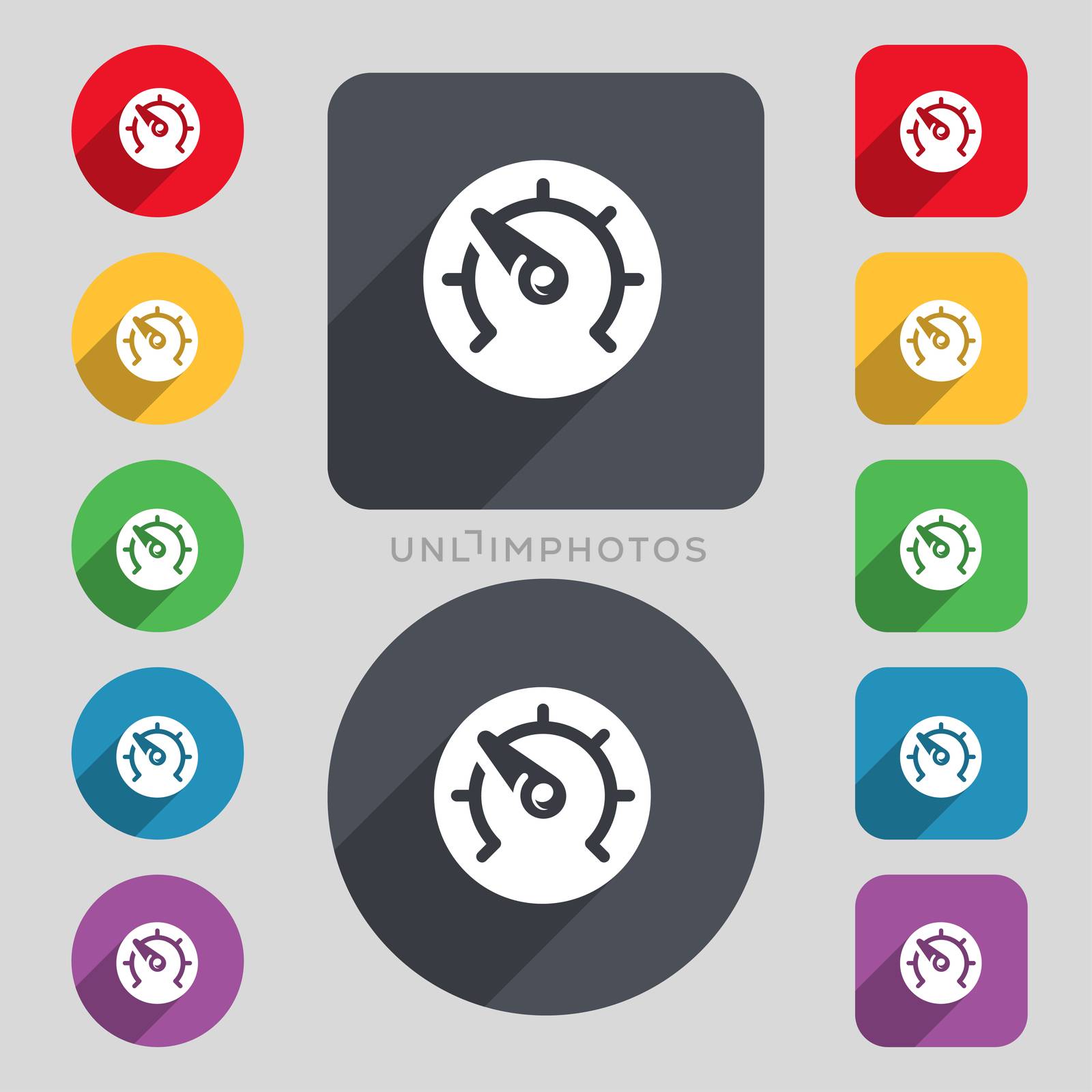 speed, speedometer icon sign. A set of 12 colored buttons and a long shadow. Flat design.  by serhii_lohvyniuk