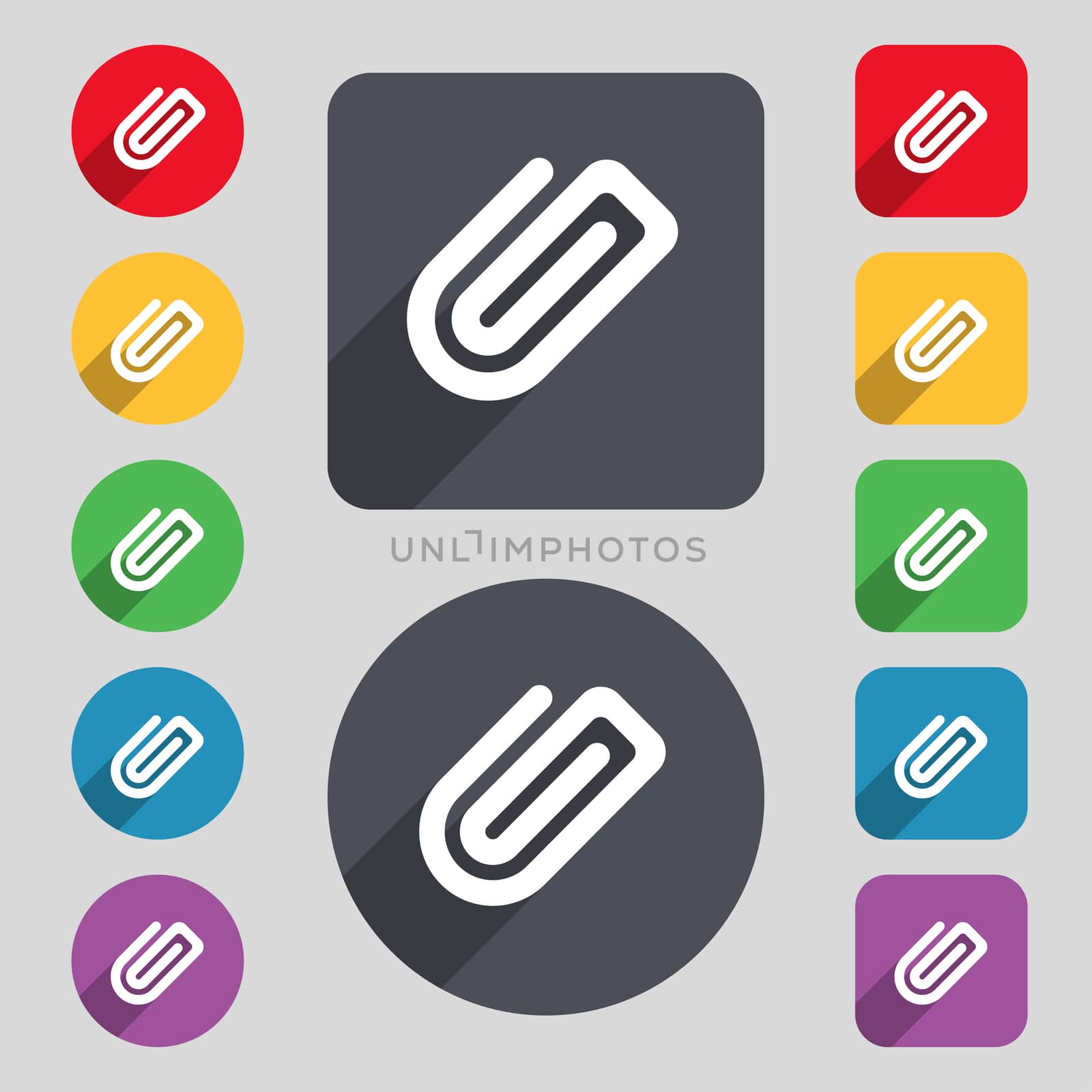 Paper Clip icon sign. A set of 12 colored buttons and a long shadow. Flat design.  by serhii_lohvyniuk