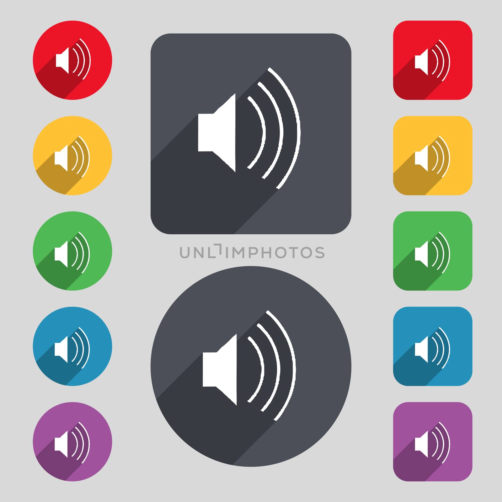 volume, sound icon sign. A set of 12 colored buttons and a long shadow. Flat design.  by serhii_lohvyniuk