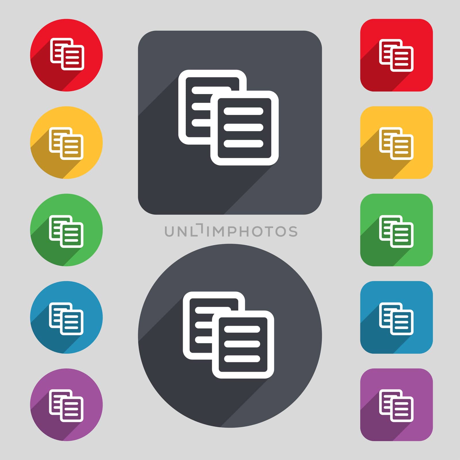 copy icon sign. A set of 12 colored buttons and a long shadow. Flat design. illustration