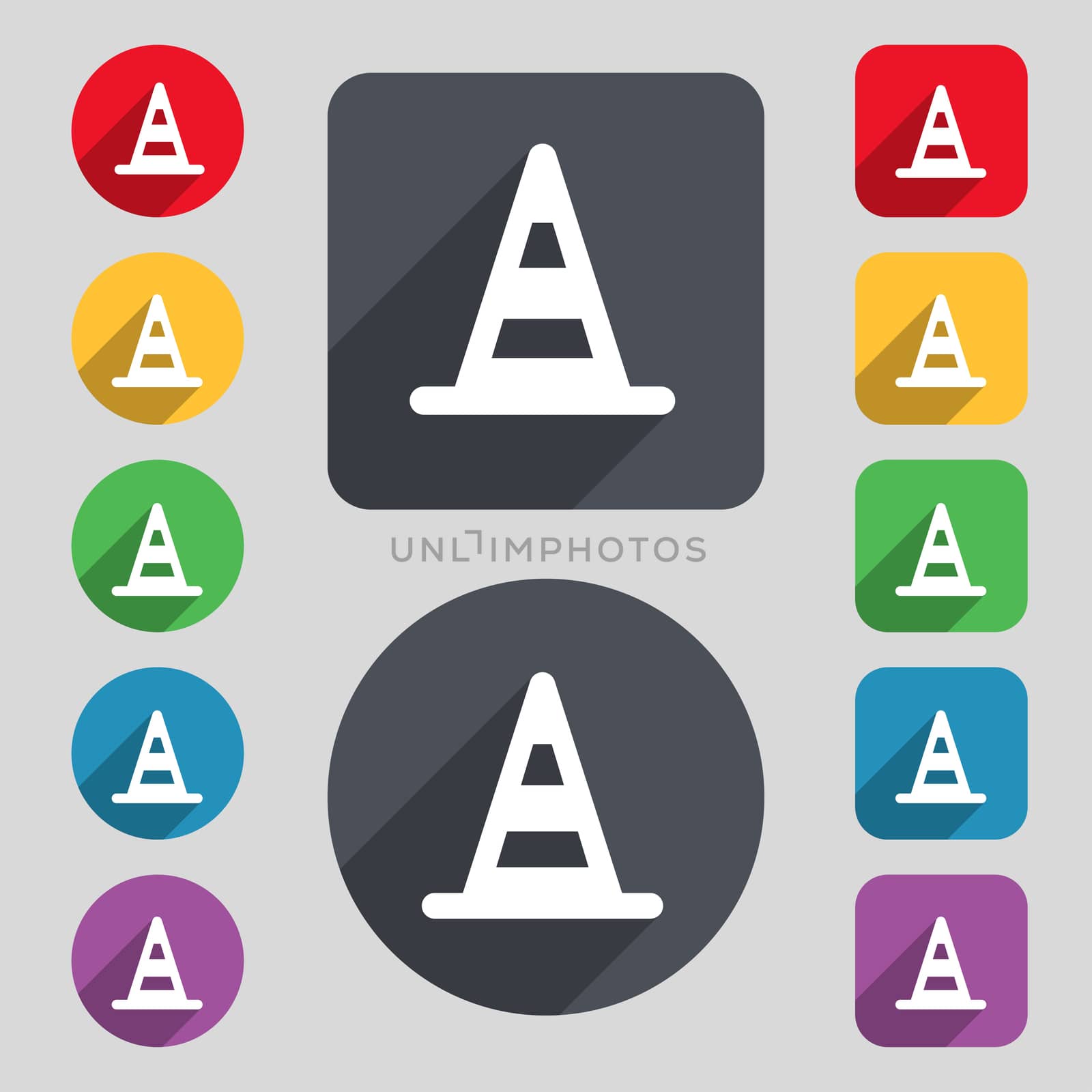 road cone icon sign. A set of 12 colored buttons and a long shadow. Flat design.  by serhii_lohvyniuk