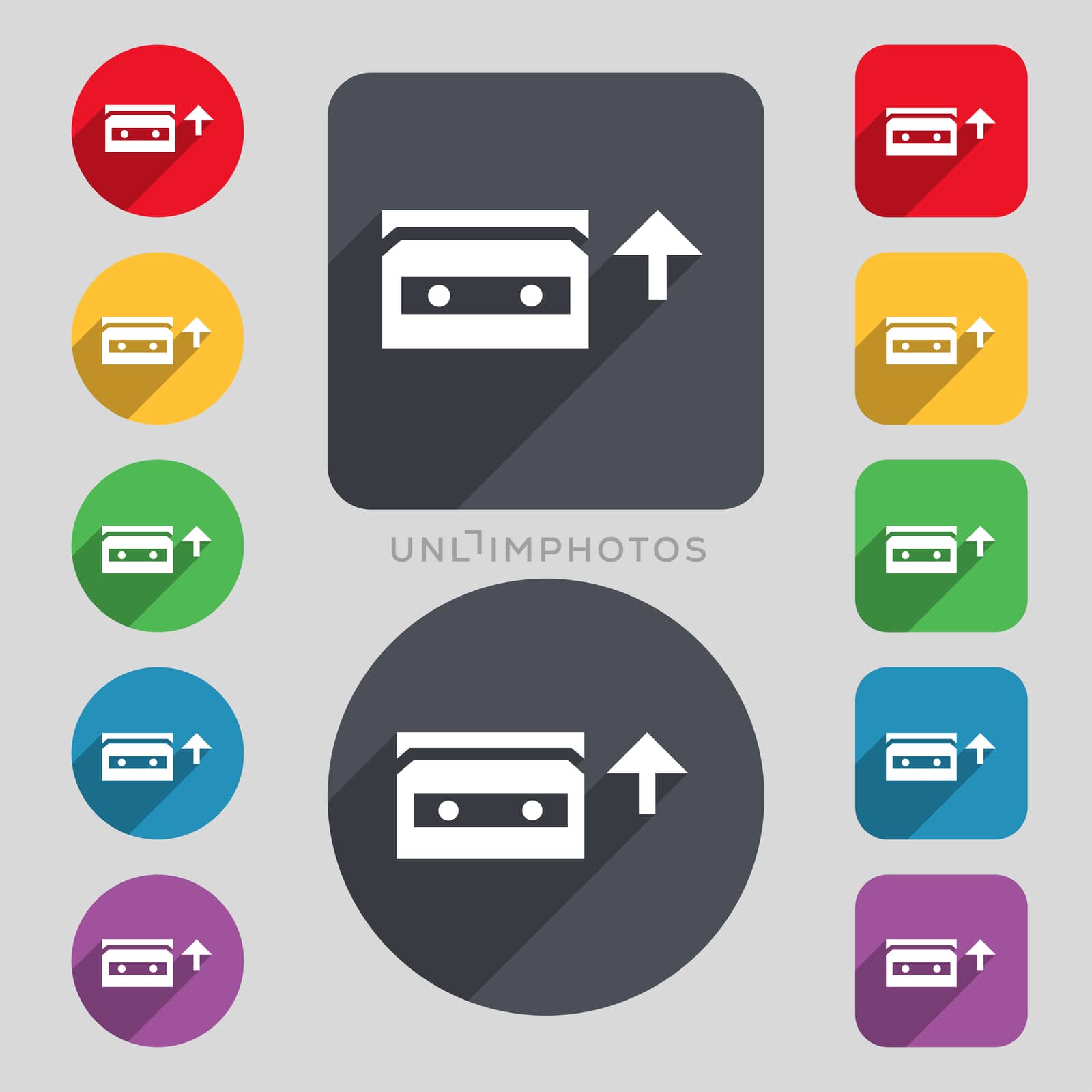 audio cassette icon sign. A set of 12 colored buttons and a long shadow. Flat design.  by serhii_lohvyniuk
