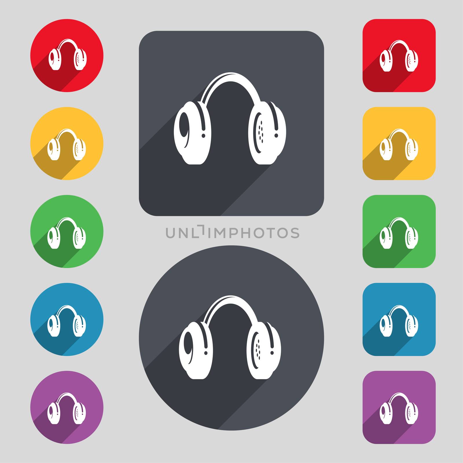 headsets icon sign. A set of 12 colored buttons and a long shadow. Flat design.  by serhii_lohvyniuk