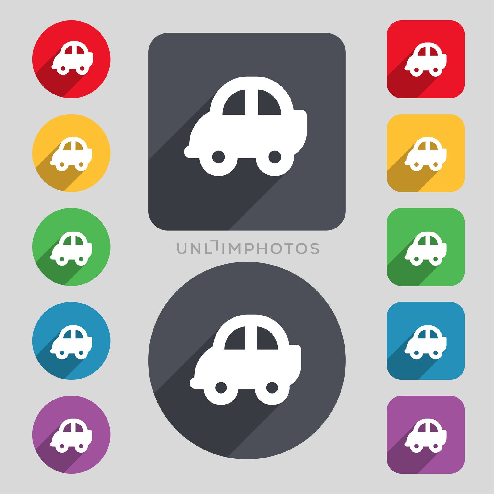 Auto icon sign. A set of 12 colored buttons and a long shadow. Flat design.  by serhii_lohvyniuk