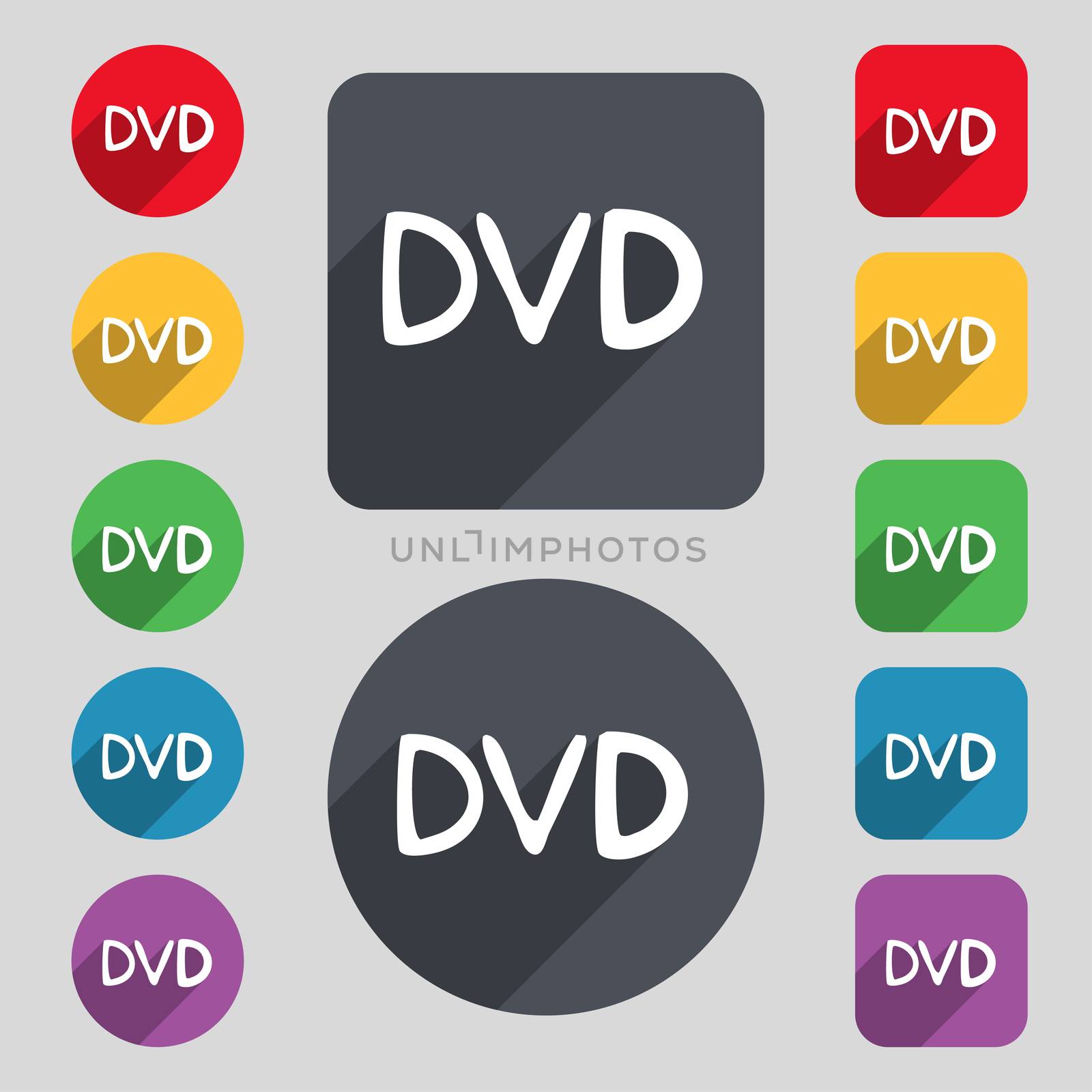 dvd icon sign. A set of 12 colored buttons and a long shadow. Flat design.  by serhii_lohvyniuk