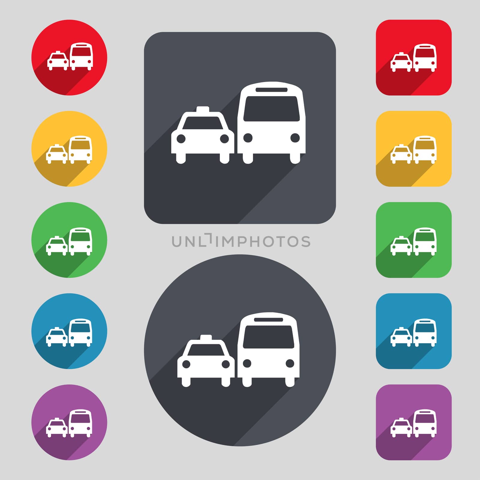 taxi icon sign. A set of 12 colored buttons and a long shadow. Flat design.  by serhii_lohvyniuk