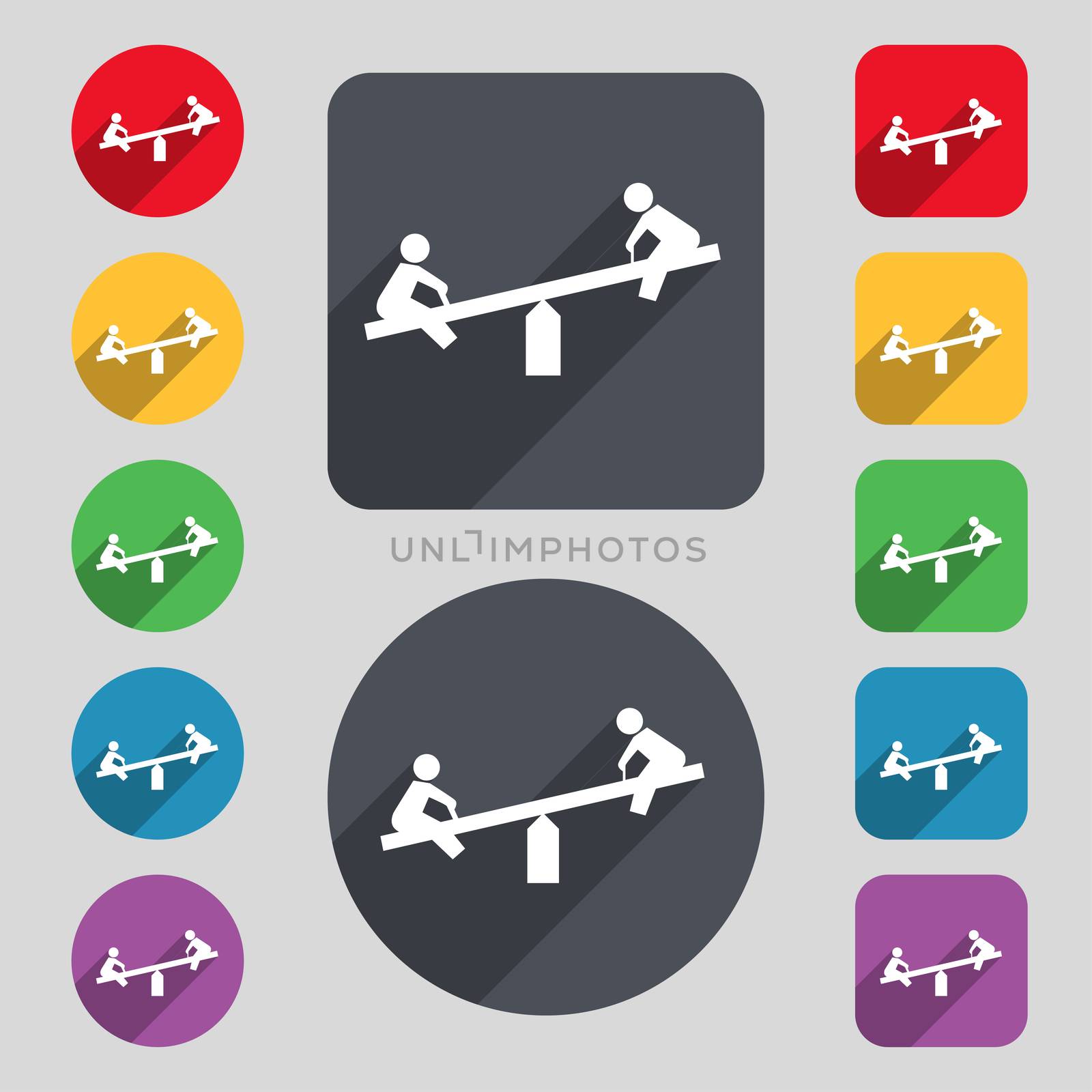 swing icon sign. A set of 12 colored buttons and a long shadow. Flat design.  by serhii_lohvyniuk