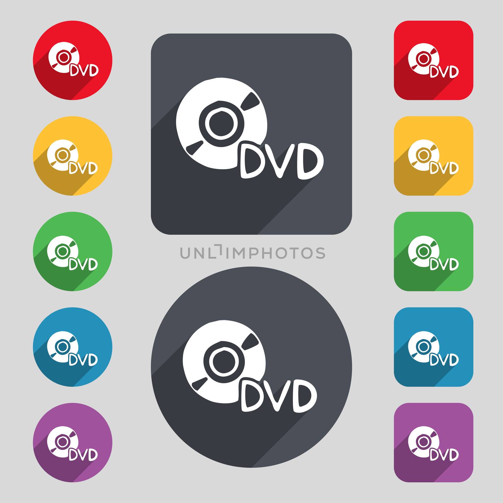 dvd icon sign. A set of 12 colored buttons and a long shadow. Flat design. illustration