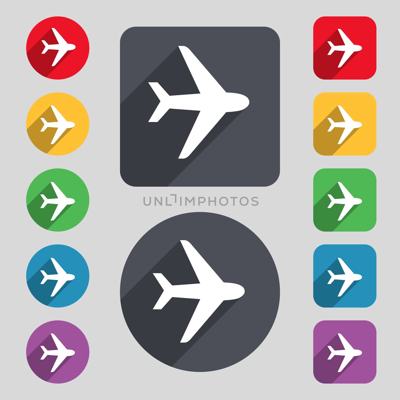 Plane icon sign. A set of 12 colored buttons and a long shadow. Flat design.  by serhii_lohvyniuk