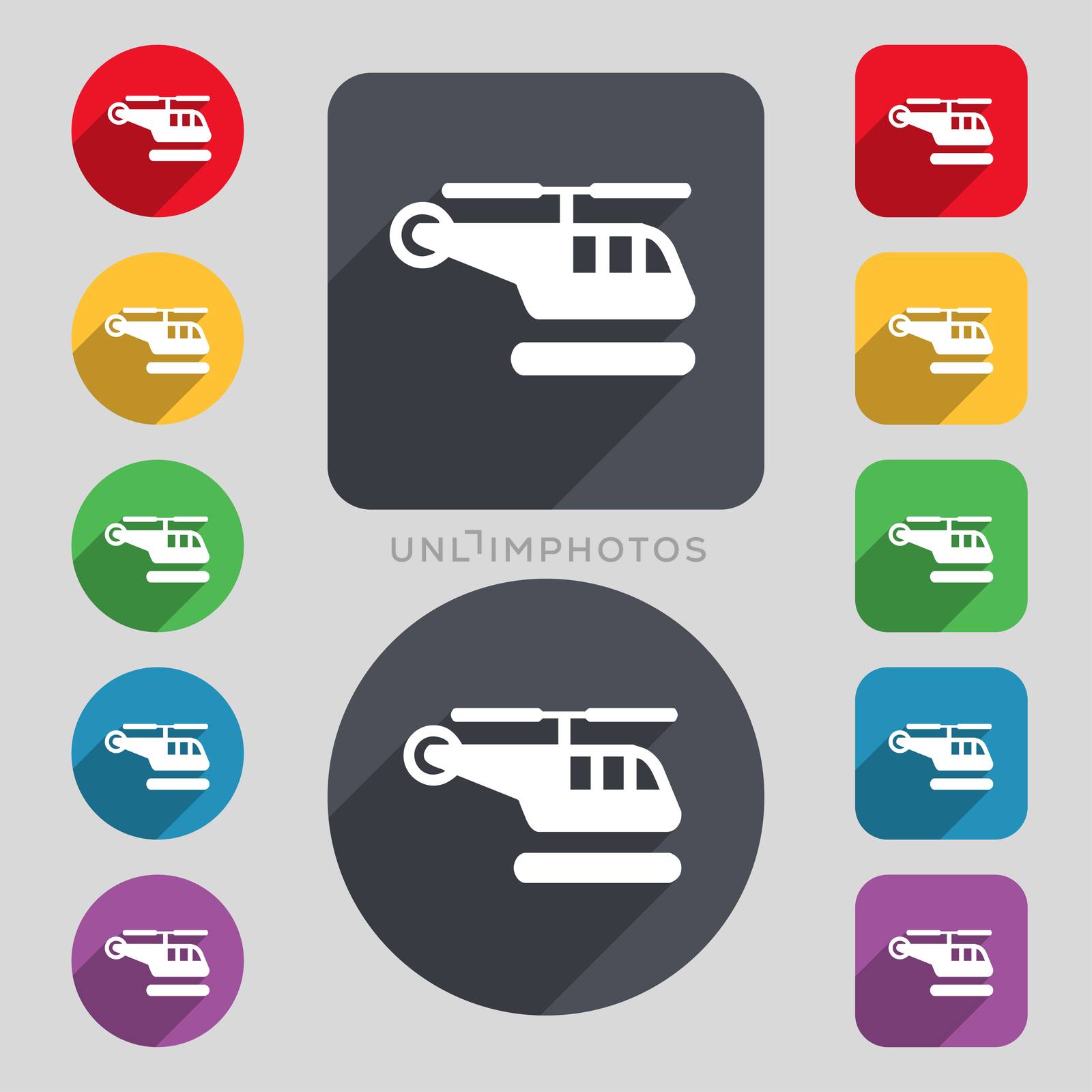helicopter icon sign. A set of 12 colored buttons and a long shadow. Flat design.  by serhii_lohvyniuk