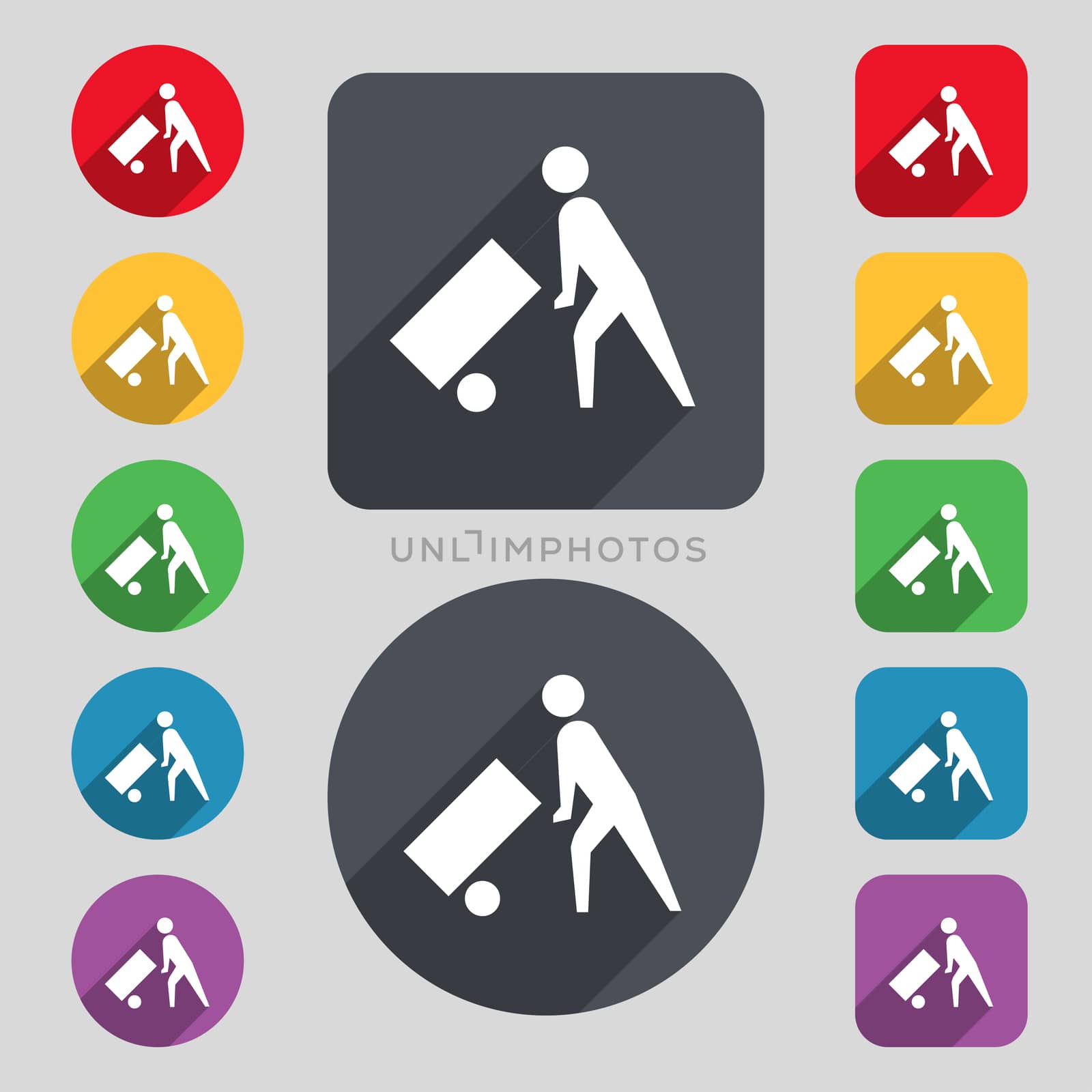 Loader icon sign. A set of 12 colored buttons and a long shadow. Flat design.  by serhii_lohvyniuk