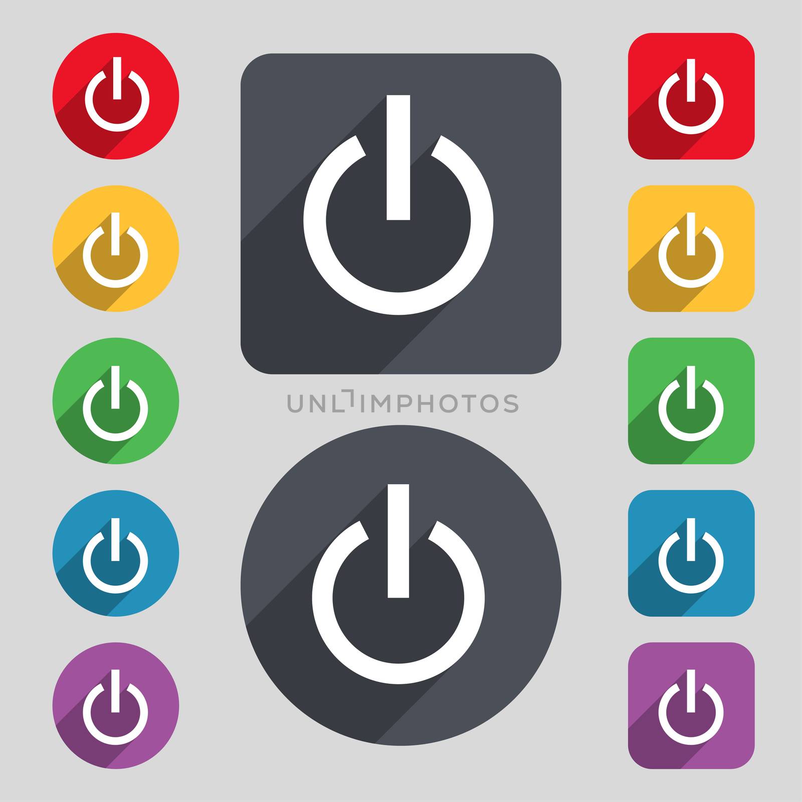 Power icon sign. A set of 12 colored buttons and a long shadow. Flat design.  by serhii_lohvyniuk