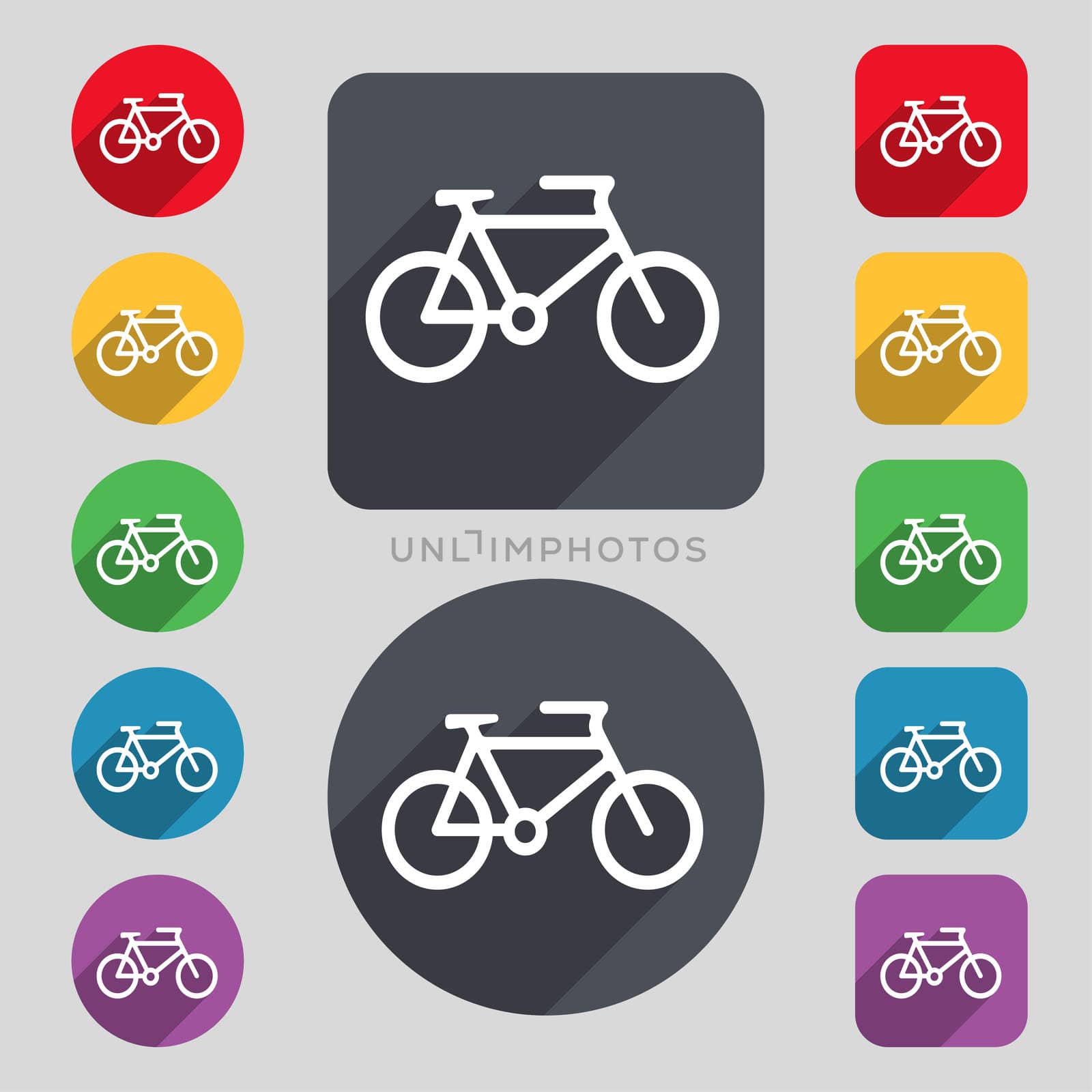 bike icon sign. A set of 12 colored buttons and a long shadow. Flat design.  by serhii_lohvyniuk