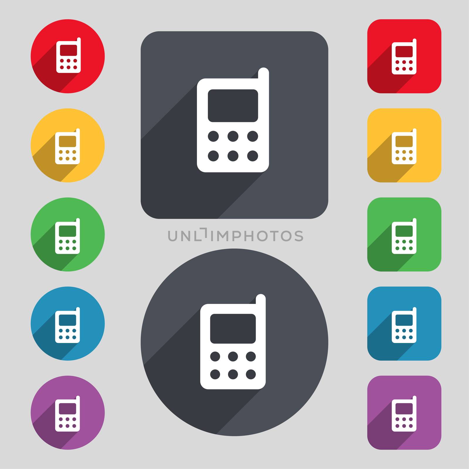 mobile phone icon sign. A set of 12 colored buttons and a long shadow. Flat design.  by serhii_lohvyniuk