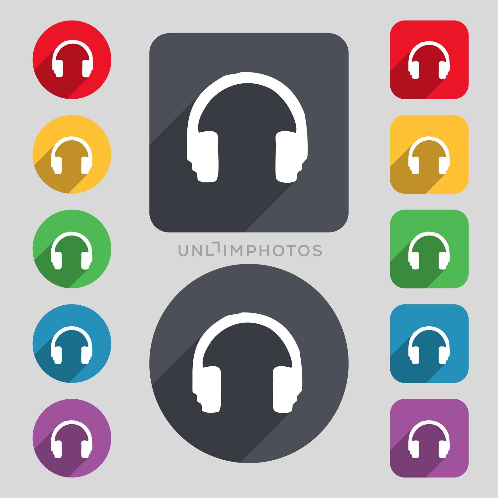 headsets icon sign. A set of 12 colored buttons and a long shadow. Flat design.  by serhii_lohvyniuk