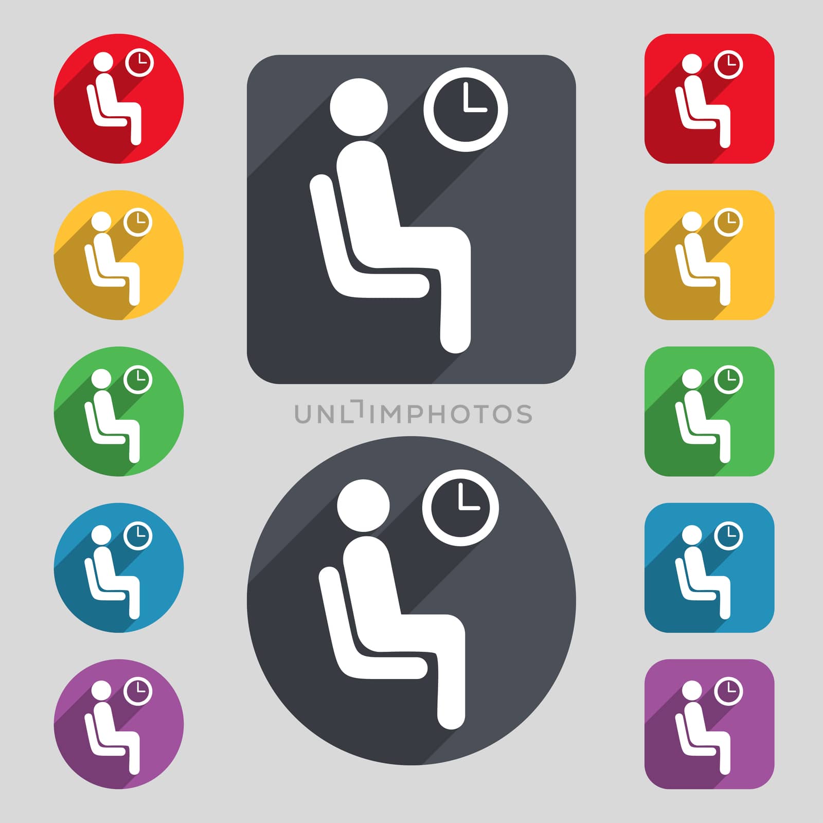 waiting icon sign. A set of 12 colored buttons and a long shadow. Flat design.  by serhii_lohvyniuk