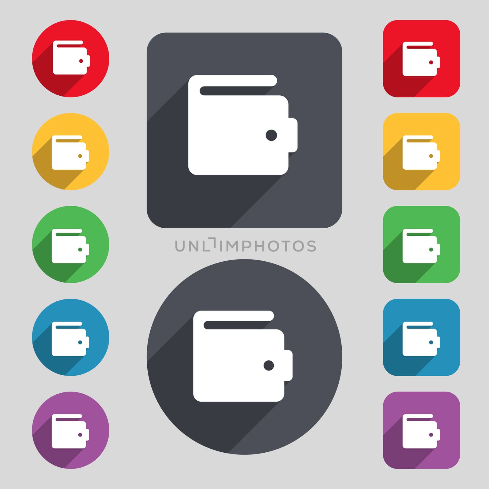 purse icon sign. A set of 12 colored buttons and a long shadow. Flat design.  by serhii_lohvyniuk
