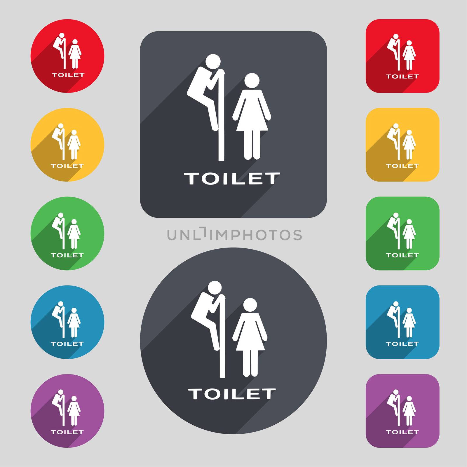 toilet icon sign. A set of 12 colored buttons and a long shadow. Flat design. illustration