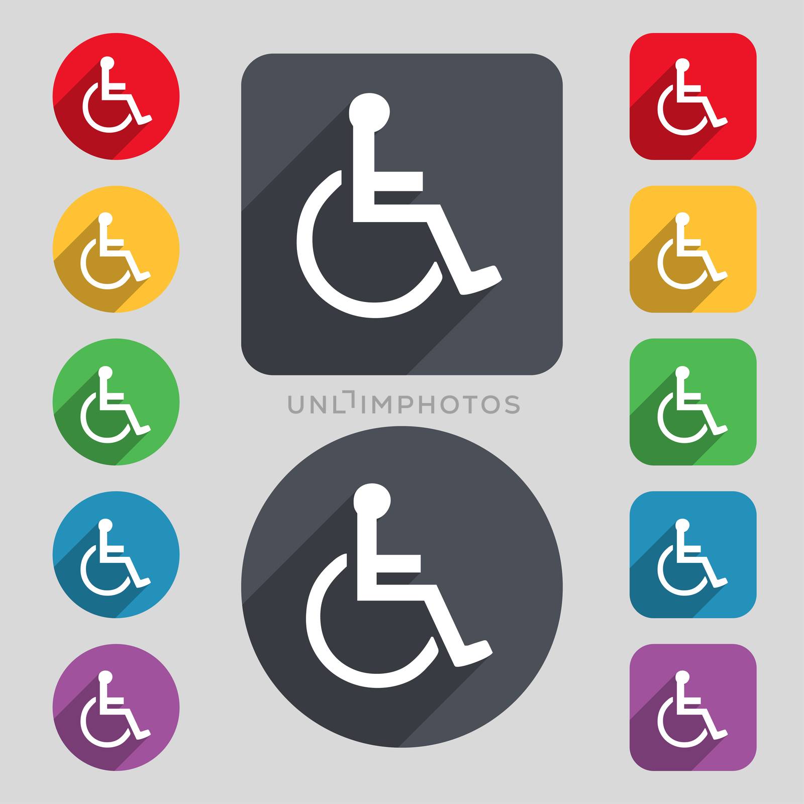 disabled icon sign. A set of 12 colored buttons and a long shadow. Flat design.  by serhii_lohvyniuk