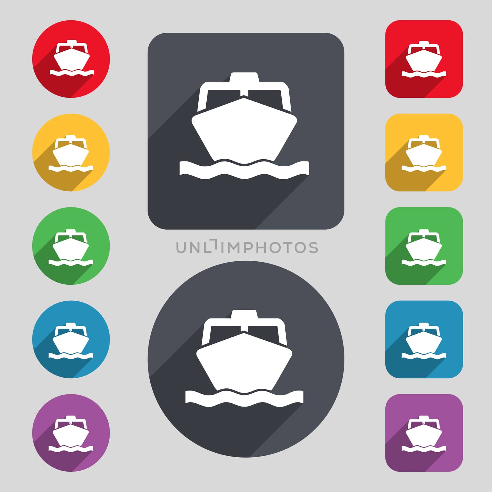 the boat icon sign. A set of 12 colored buttons and a long shadow. Flat design.  by serhii_lohvyniuk