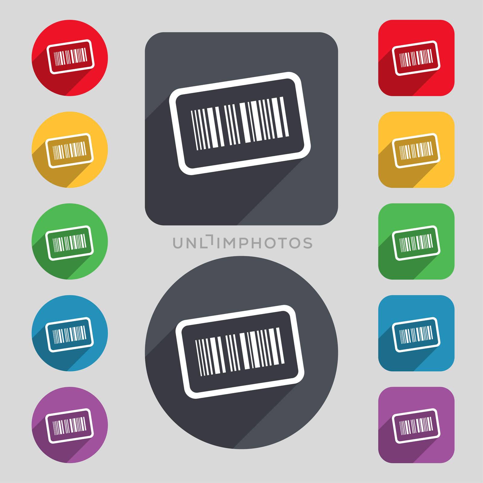 Barcode icon sign. A set of 12 colored buttons and a long shadow. Flat design.  by serhii_lohvyniuk