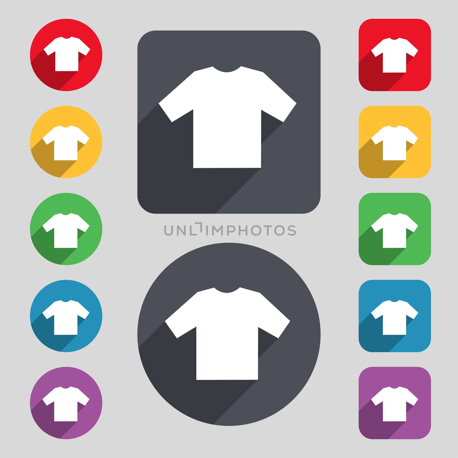 t-shirt icon sign. A set of 12 colored buttons and a long shadow. Flat design.  by serhii_lohvyniuk