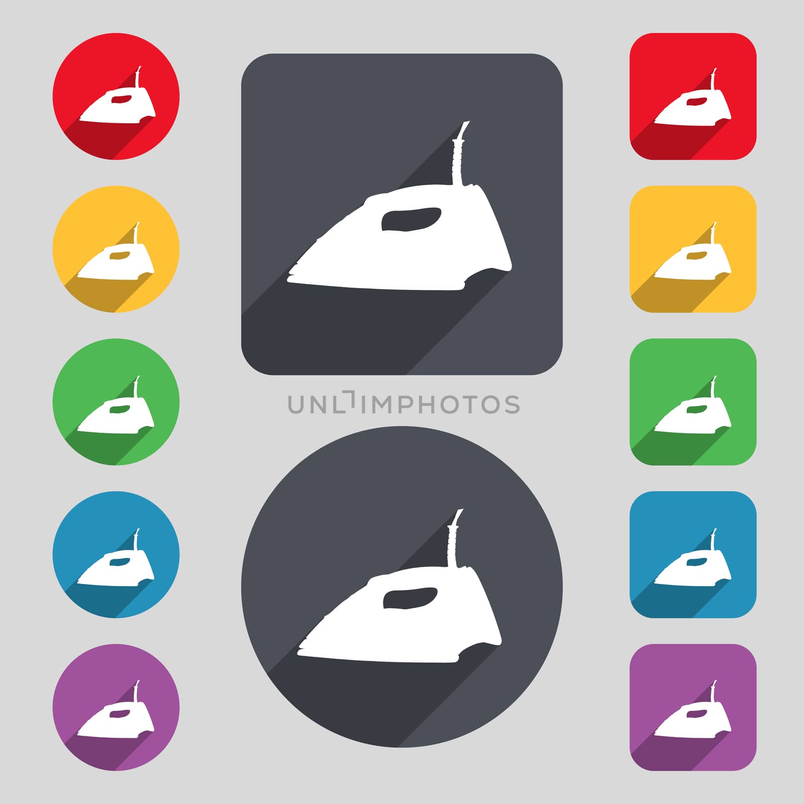 Iron icon sign. A set of 12 colored buttons and a long shadow. Flat design.  by serhii_lohvyniuk