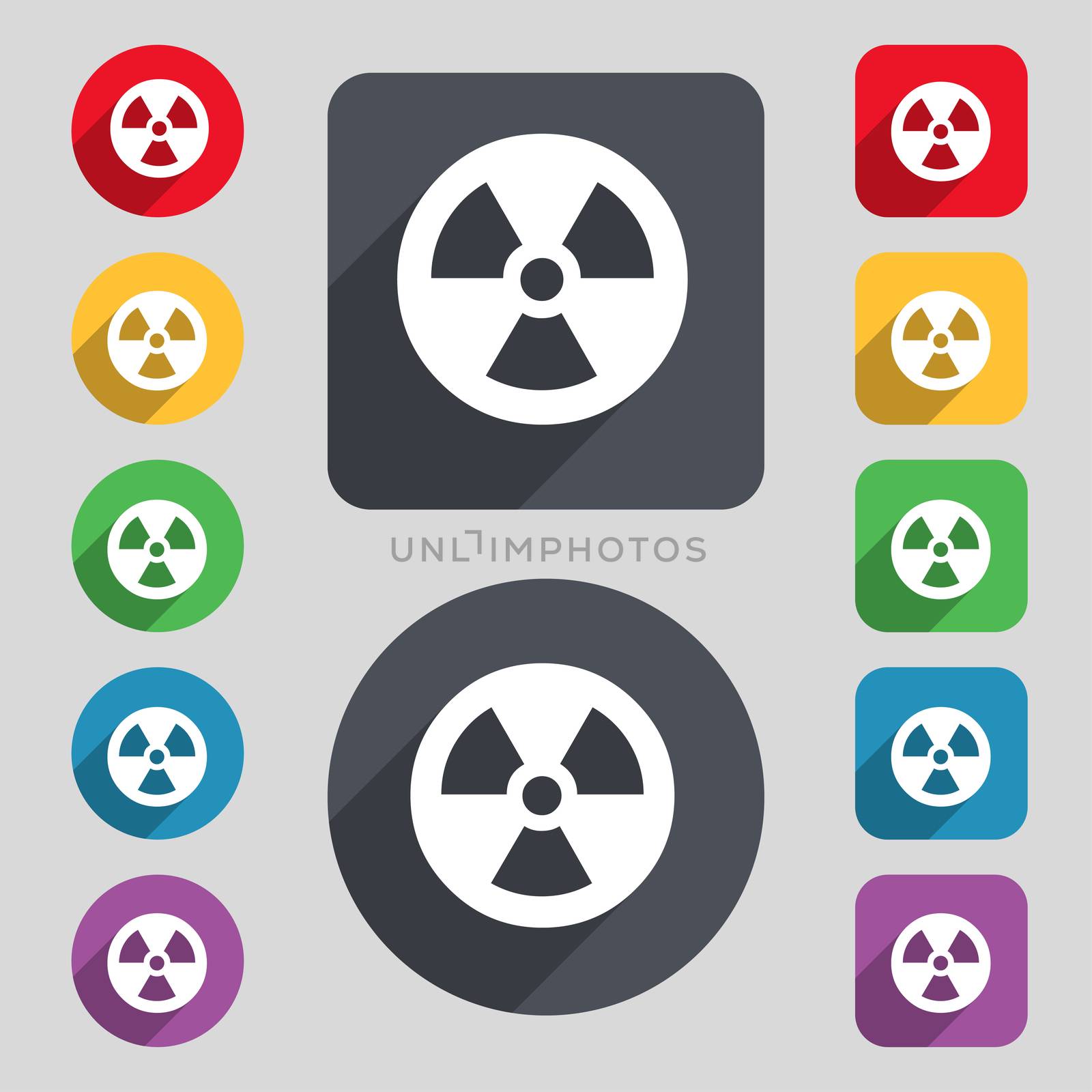 radiation icon sign. A set of 12 colored buttons and a long shadow. Flat design. illustration