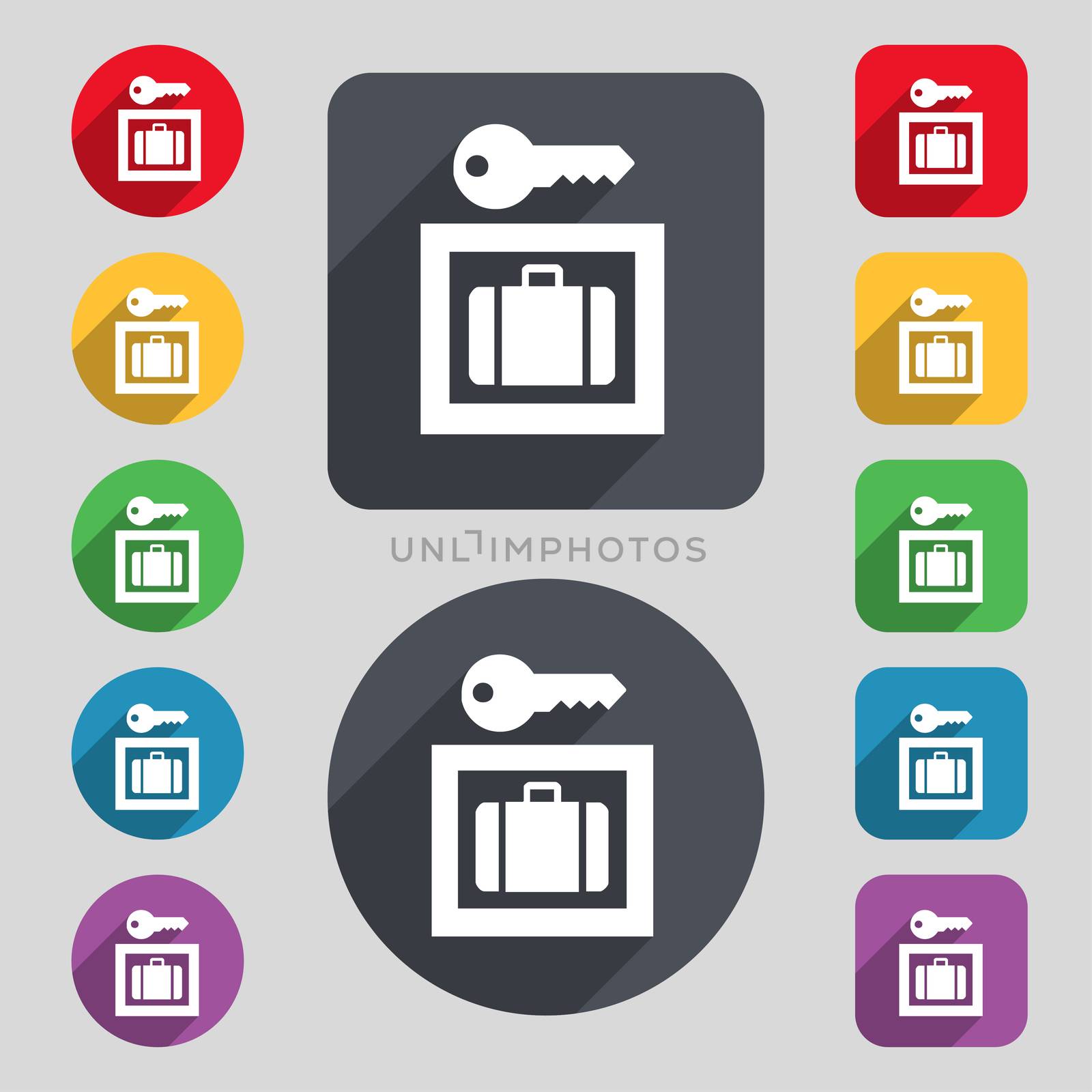 Luggage Storage icon sign. A set of 12 colored buttons and a long shadow. Flat design.  by serhii_lohvyniuk