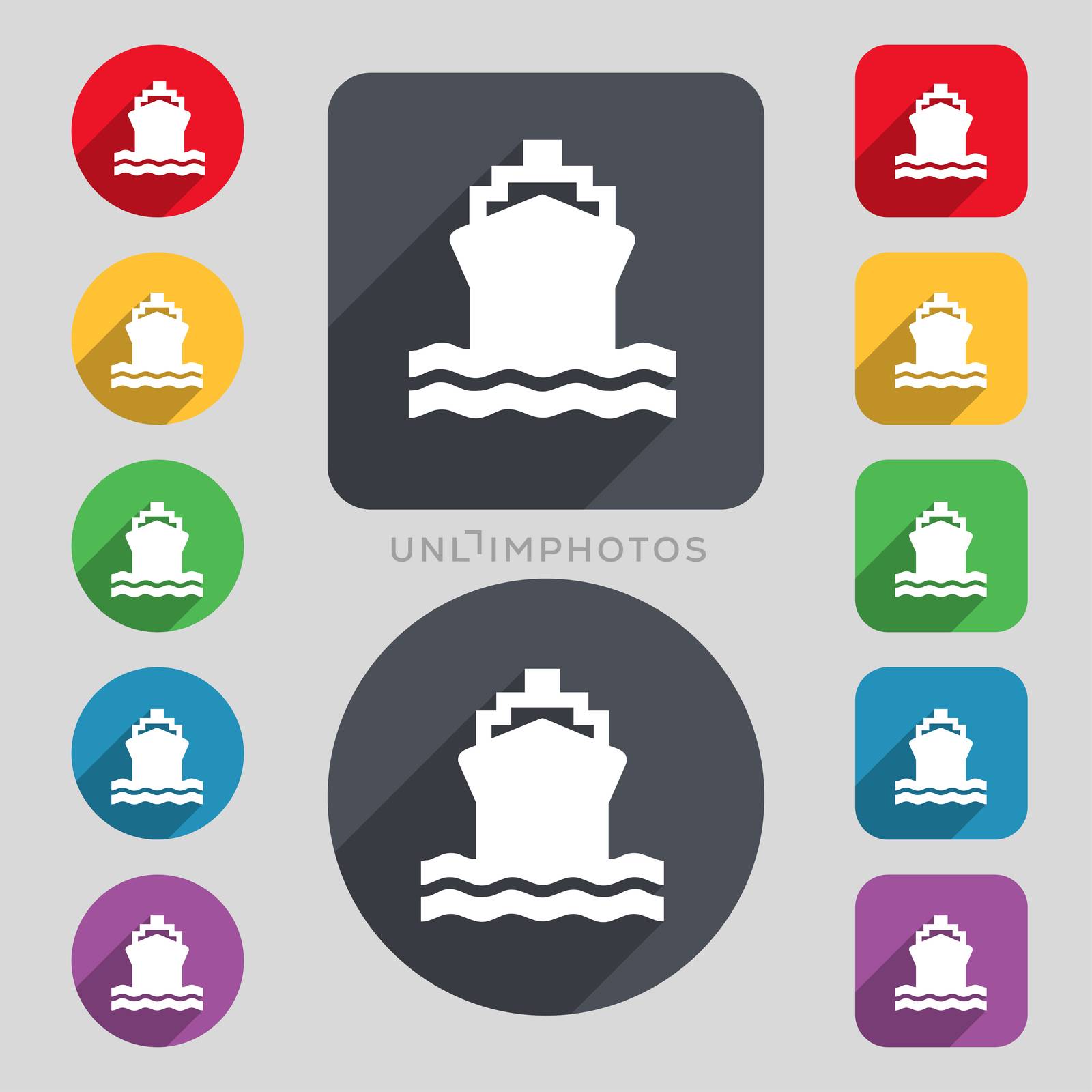 ship icon sign. A set of 12 colored buttons and a long shadow. Flat design.  by serhii_lohvyniuk