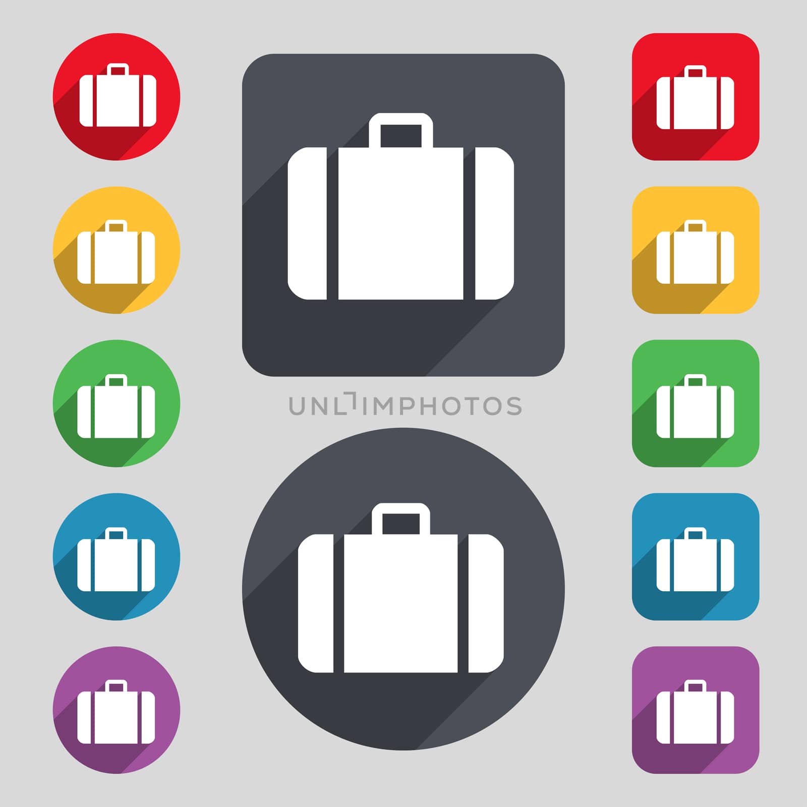 suitcase icon sign. A set of 12 colored buttons and a long shadow. Flat design.  by serhii_lohvyniuk