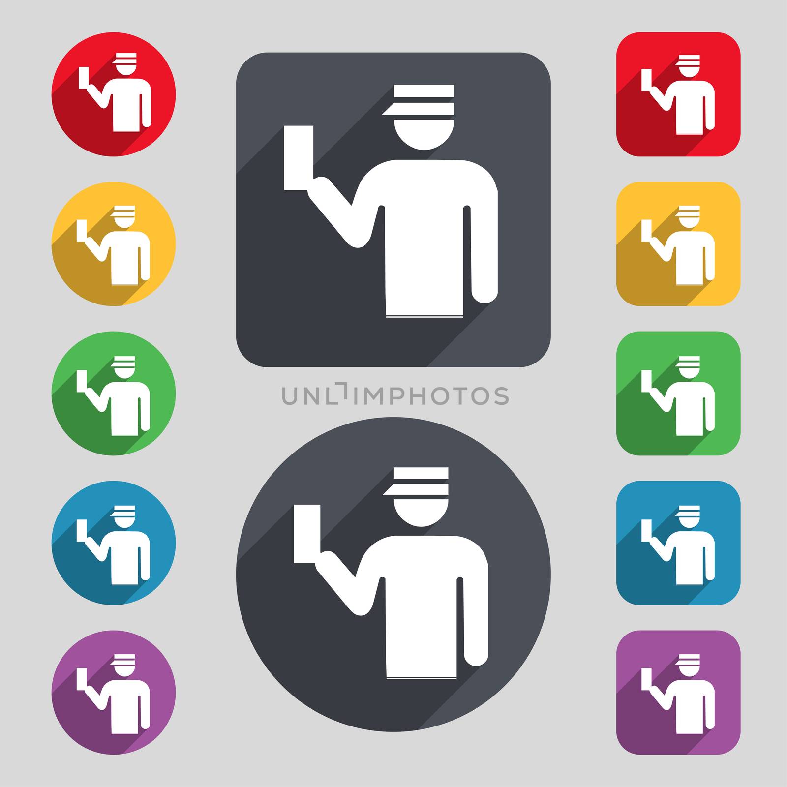 Inspector icon sign. A set of 12 colored buttons and a long shadow. Flat design. illustration