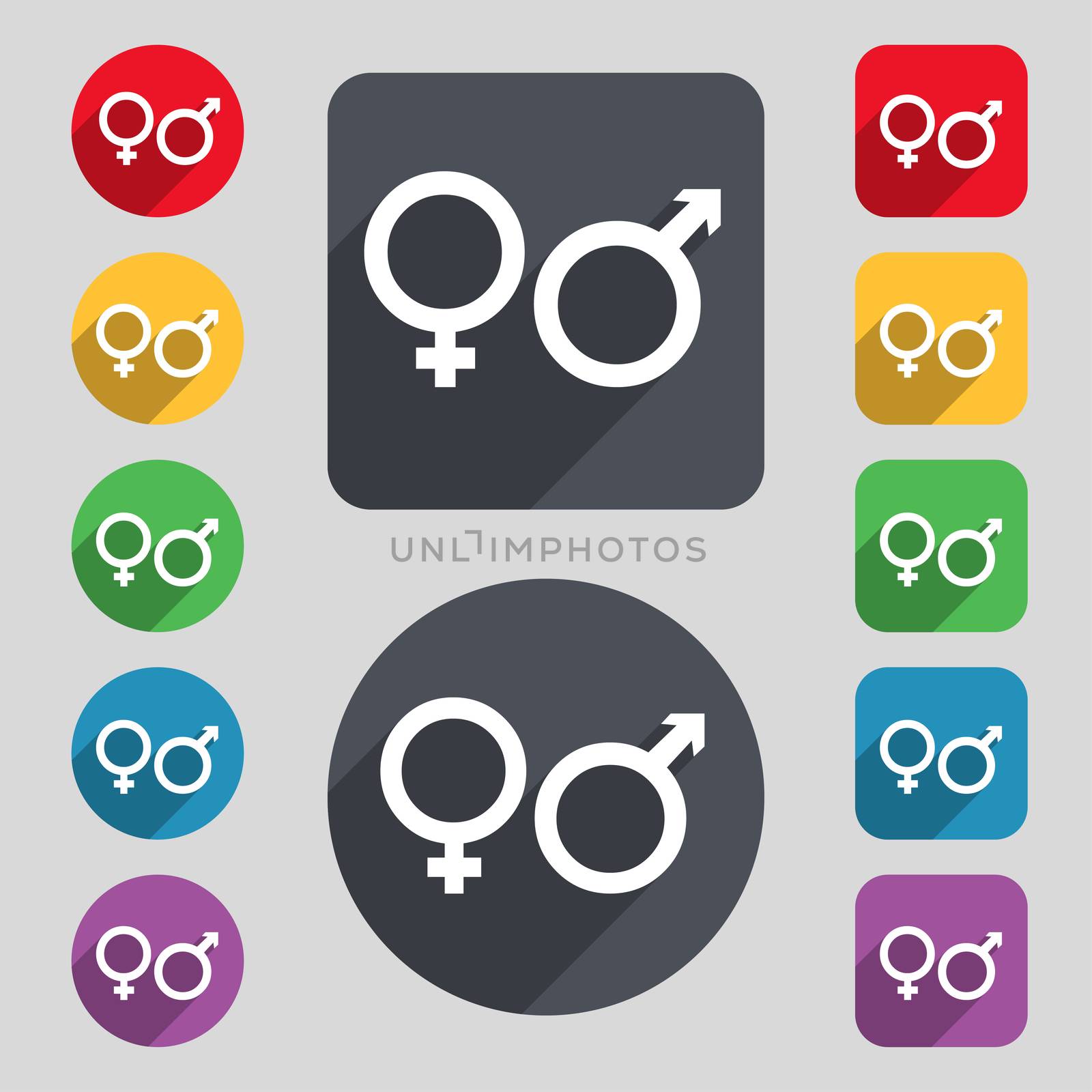 male and female icon sign. A set of 12 colored buttons and a long shadow. Flat design. illustration