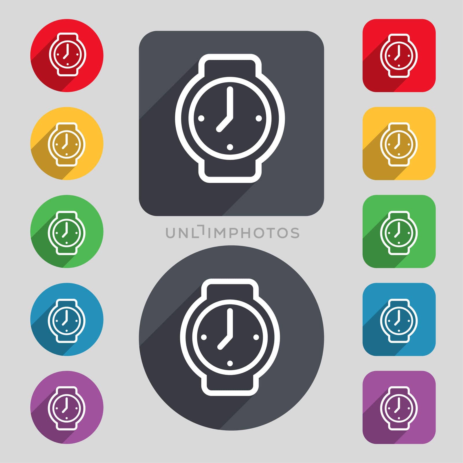 watches icon sign. A set of 12 colored buttons and a long shadow. Flat design. illustration