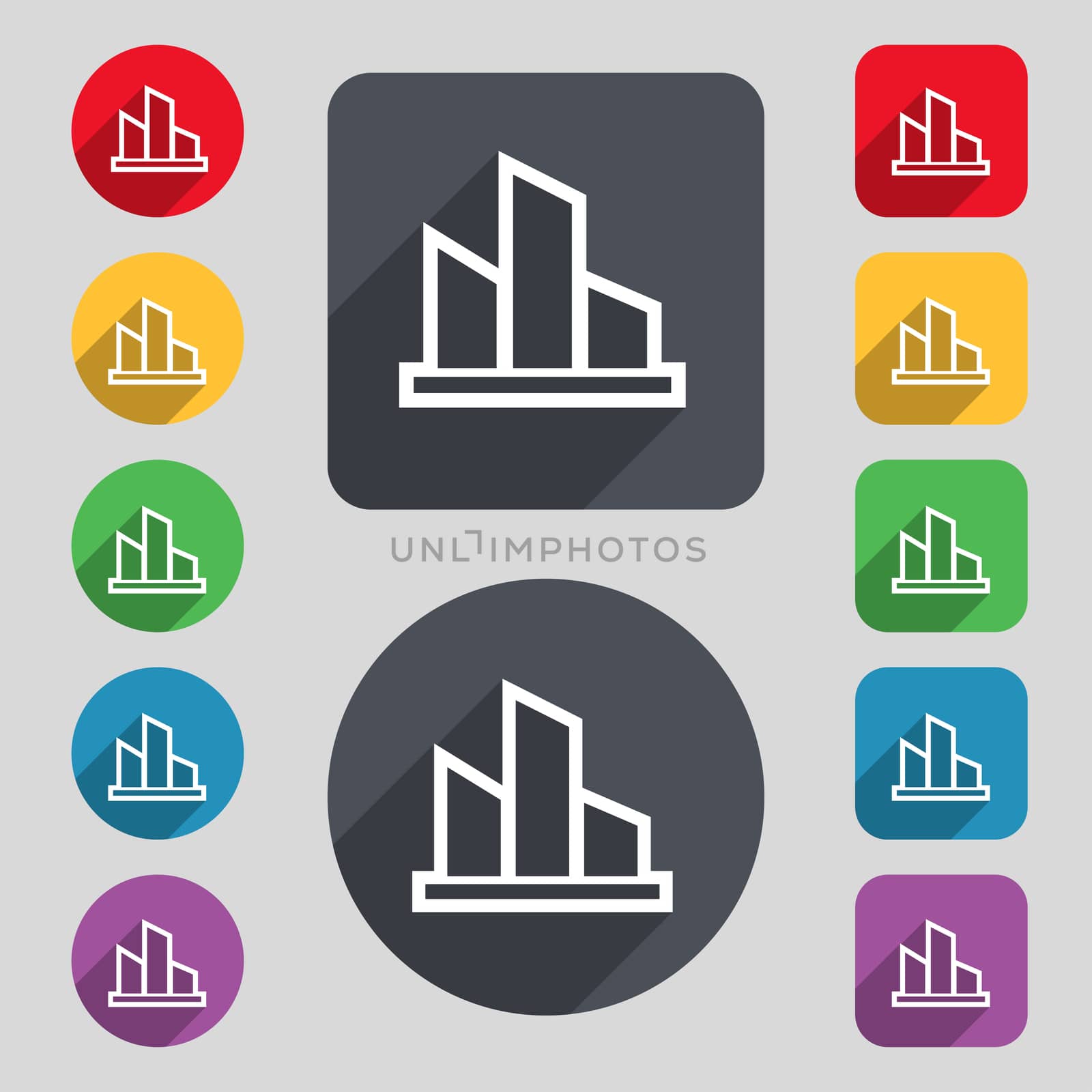 Diagram icon sign. A set of 12 colored buttons and a long shadow. Flat design.  by serhii_lohvyniuk