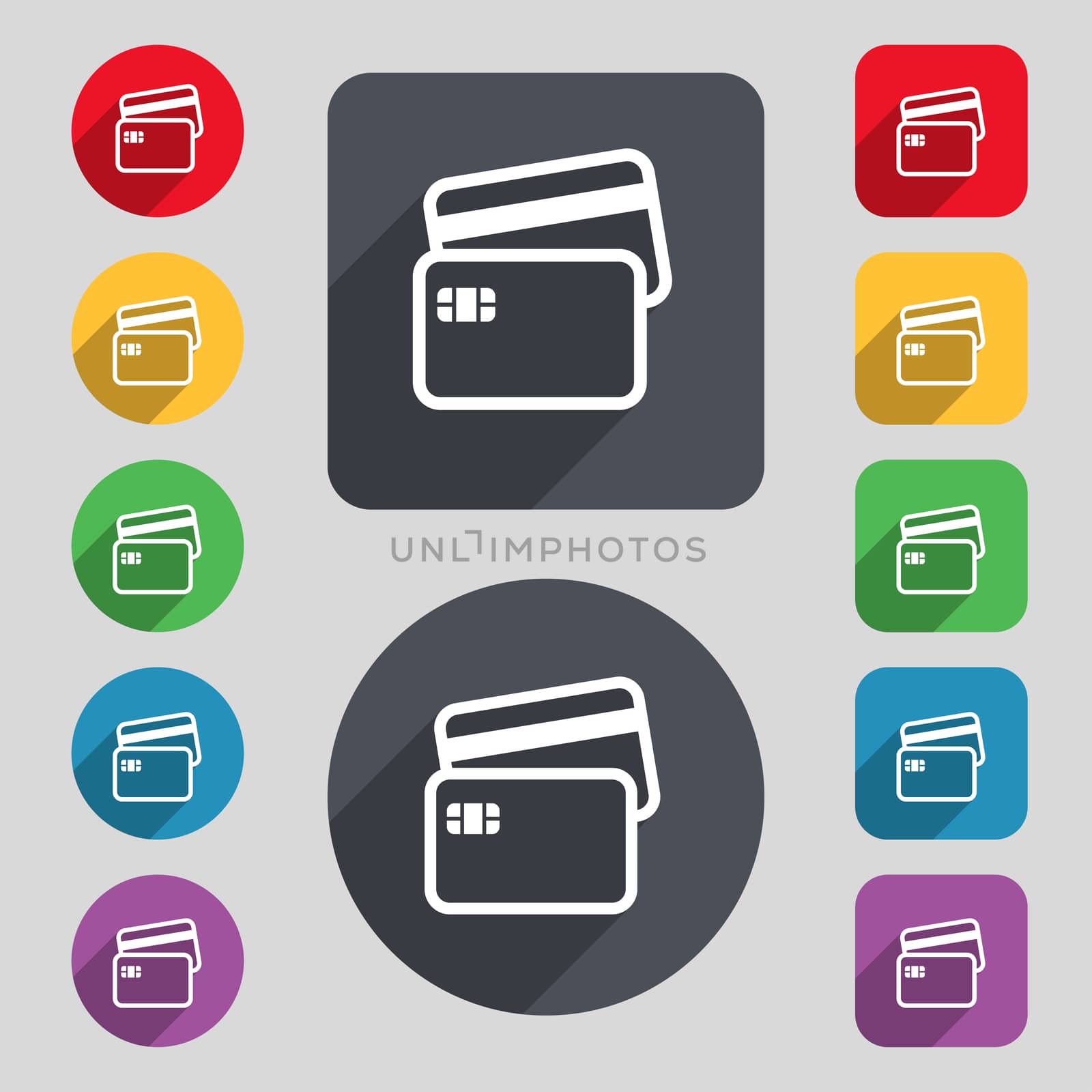 Credit card icon sign. A set of 12 colored buttons and a long shadow. Flat design. illustration