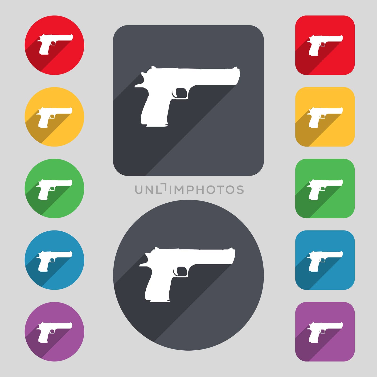 gun icon sign. A set of 12 colored buttons and a long shadow. Flat design.  by serhii_lohvyniuk