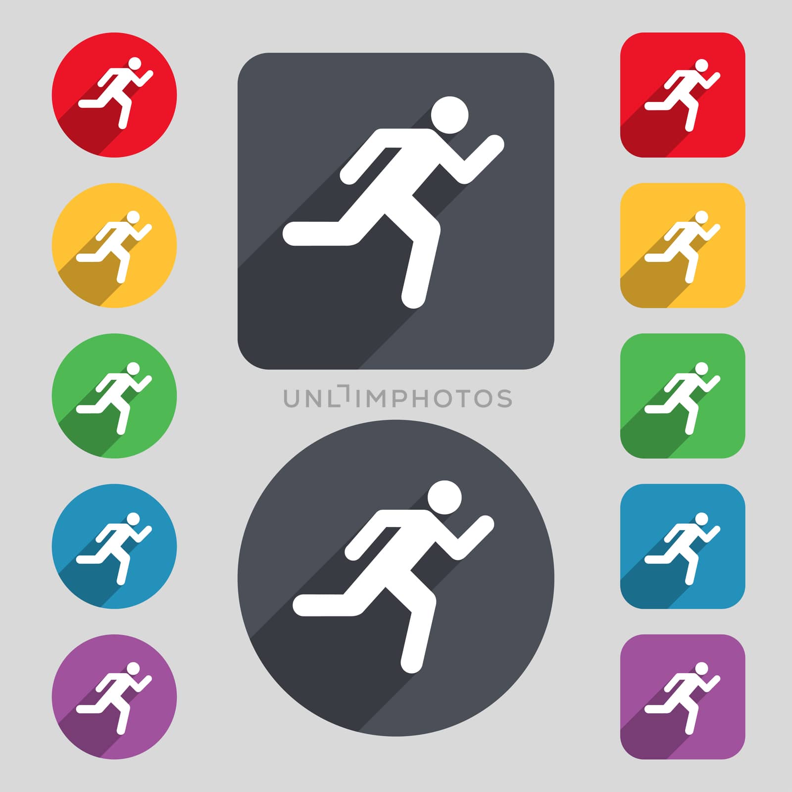 running man icon sign. A set of 12 colored buttons and a long shadow. Flat design. illustration
