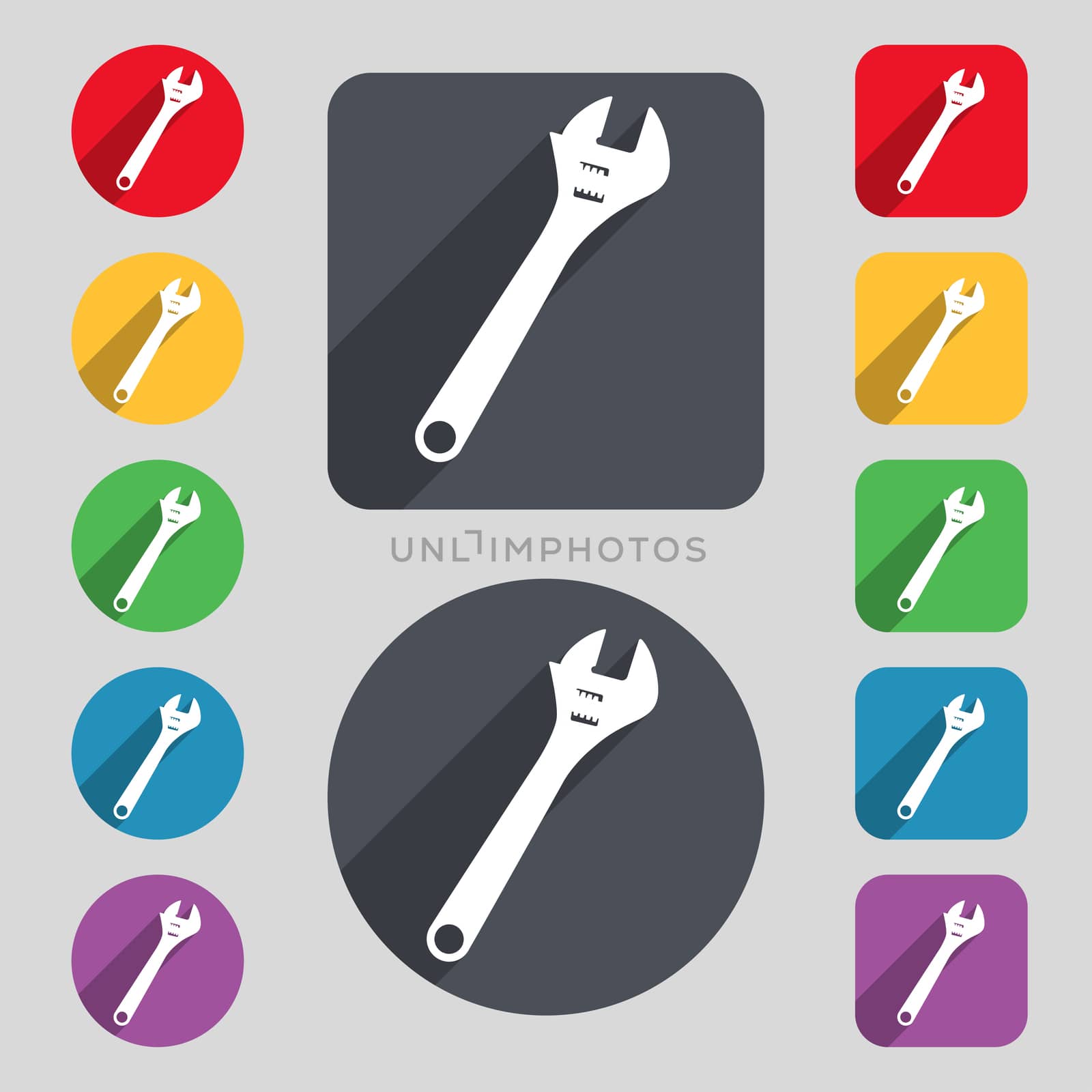 wrench icon sign. A set of 12 colored buttons and a long shadow. Flat design.  by serhii_lohvyniuk