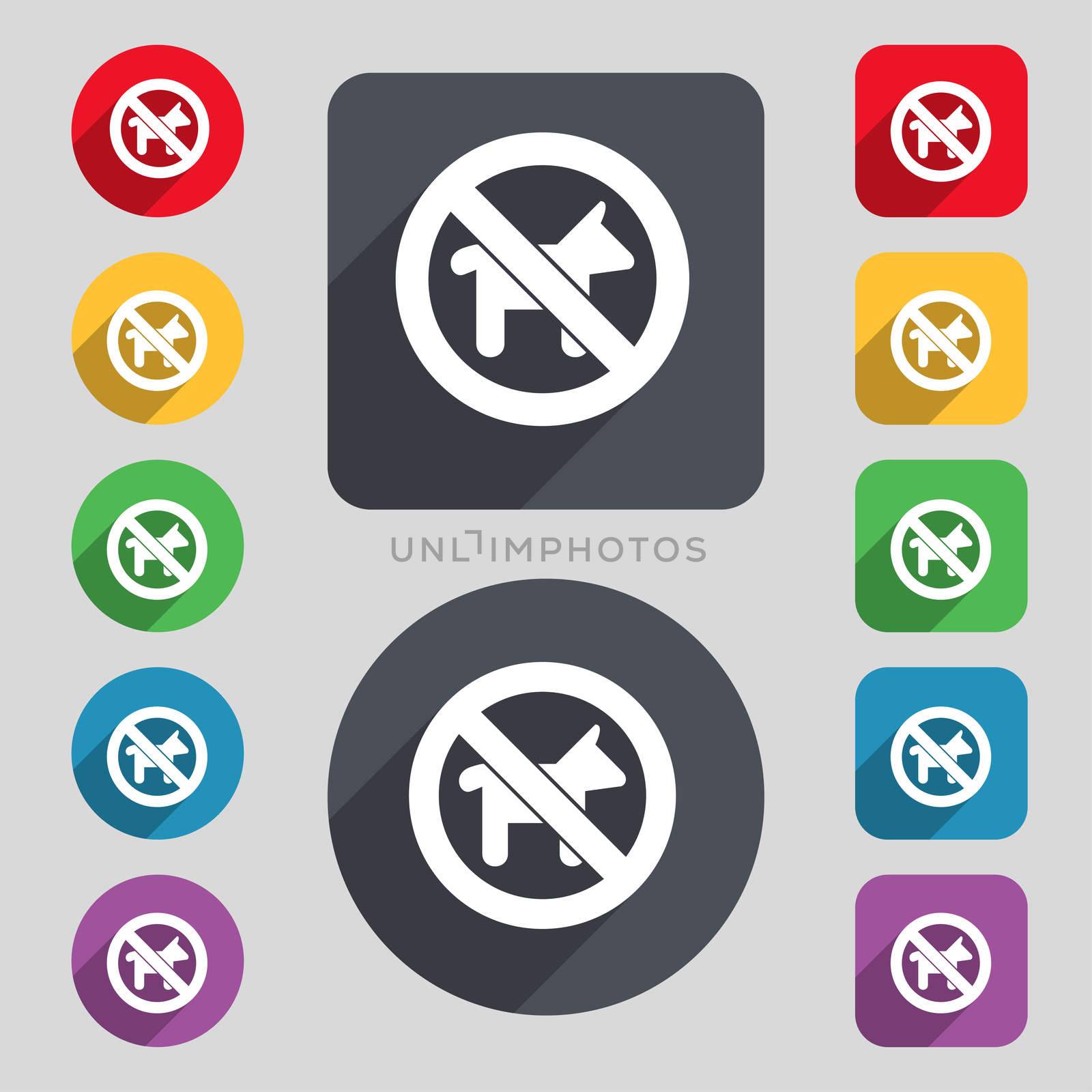 dog walking is prohibited icon sign. A set of 12 colored buttons and a long shadow. Flat design. illustration
