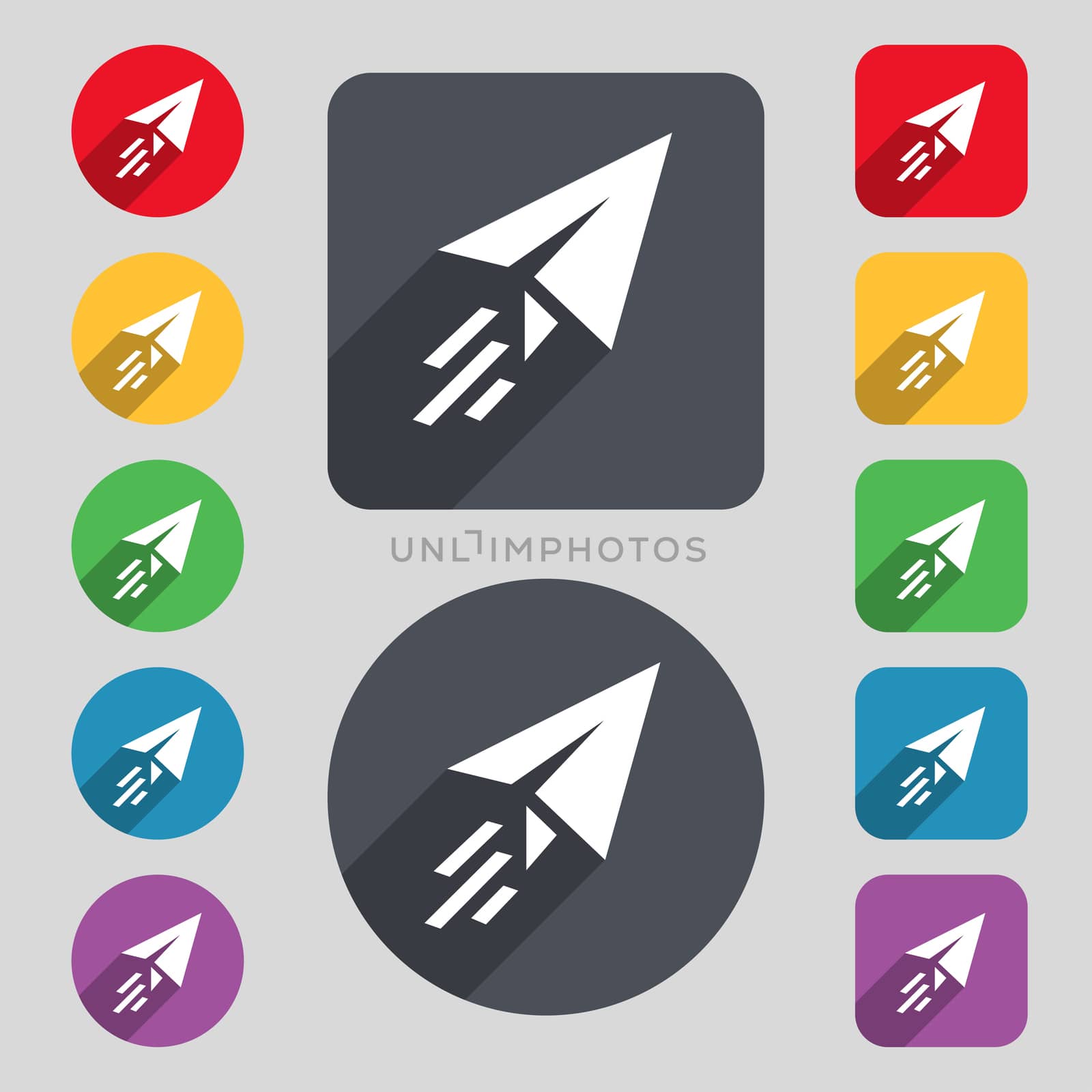 Paper airplane icon sign. A set of 12 colored buttons and a long shadow. Flat design.  by serhii_lohvyniuk