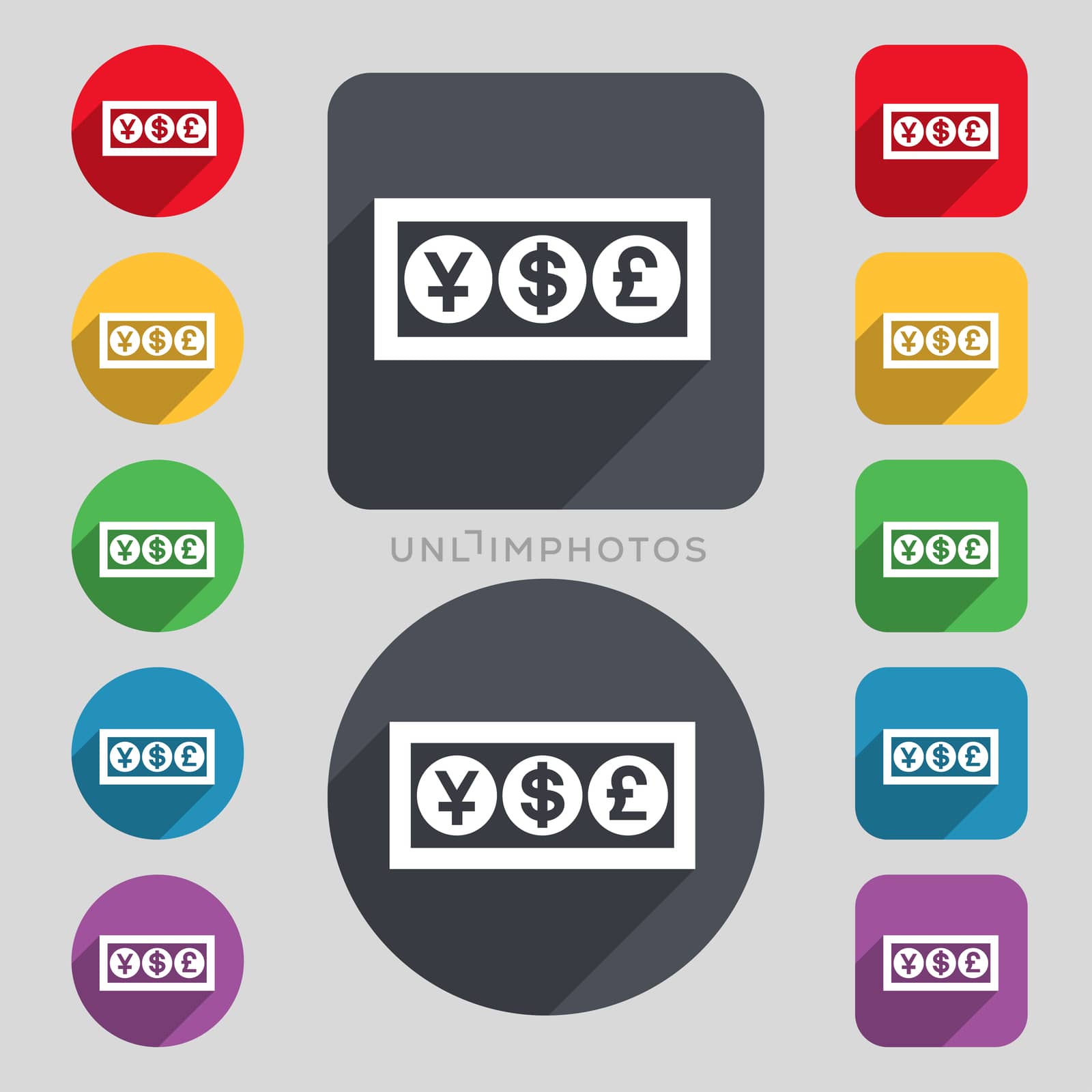 Cash currency icon sign. A set of 12 colored buttons and a long shadow. Flat design.  by serhii_lohvyniuk