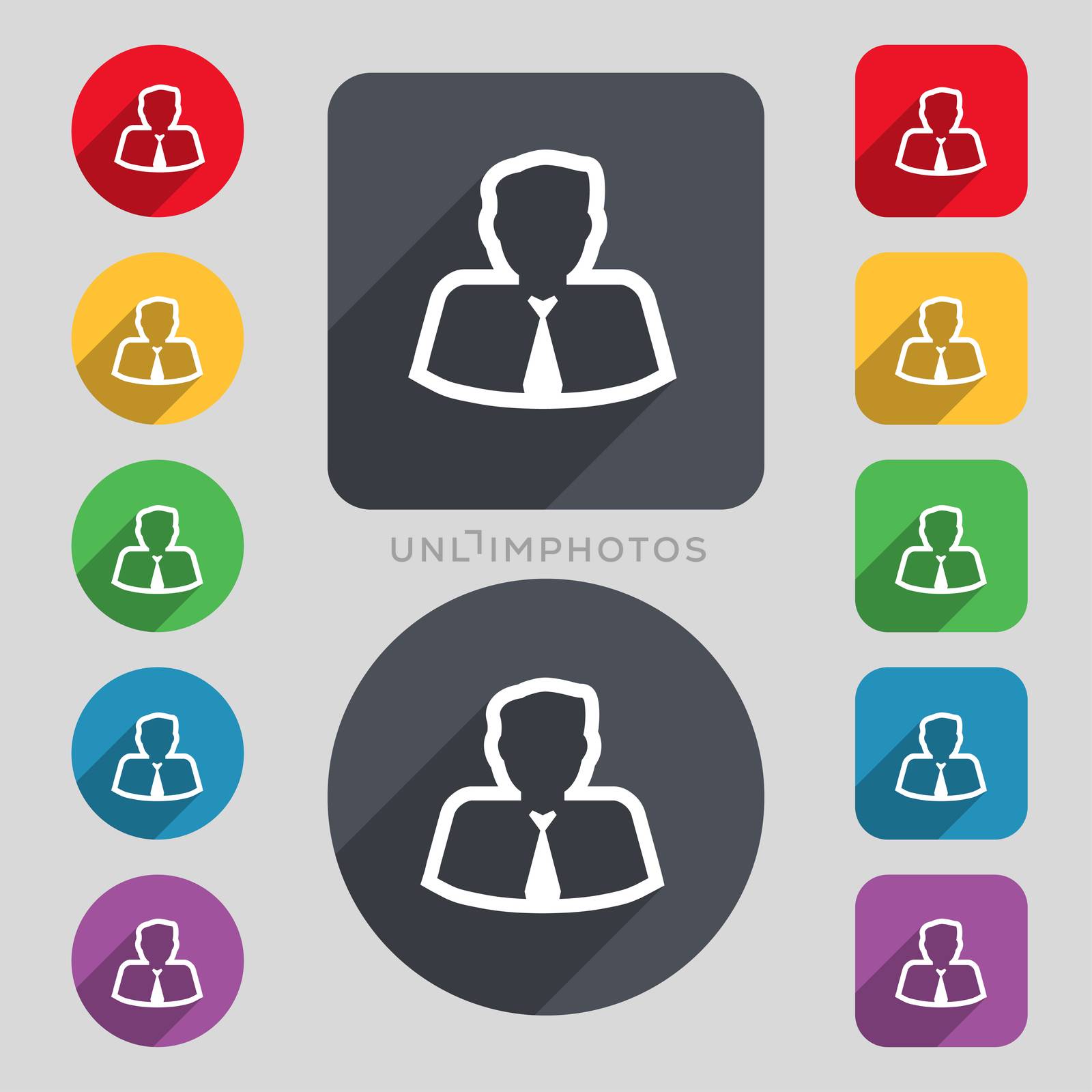 Avatar icon sign. A set of 12 colored buttons and a long shadow. Flat design.  by serhii_lohvyniuk