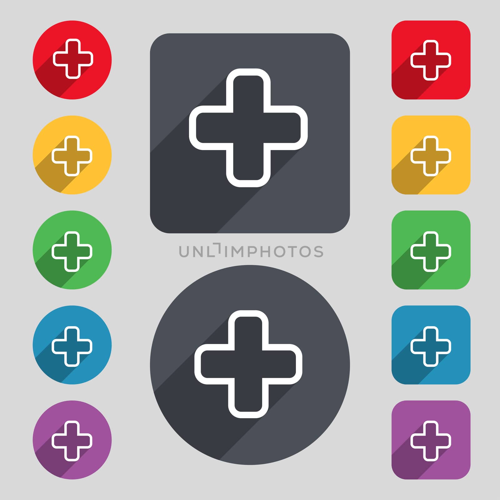 Plus icon sign. A set of 12 colored buttons and a long shadow. Flat design.  by serhii_lohvyniuk