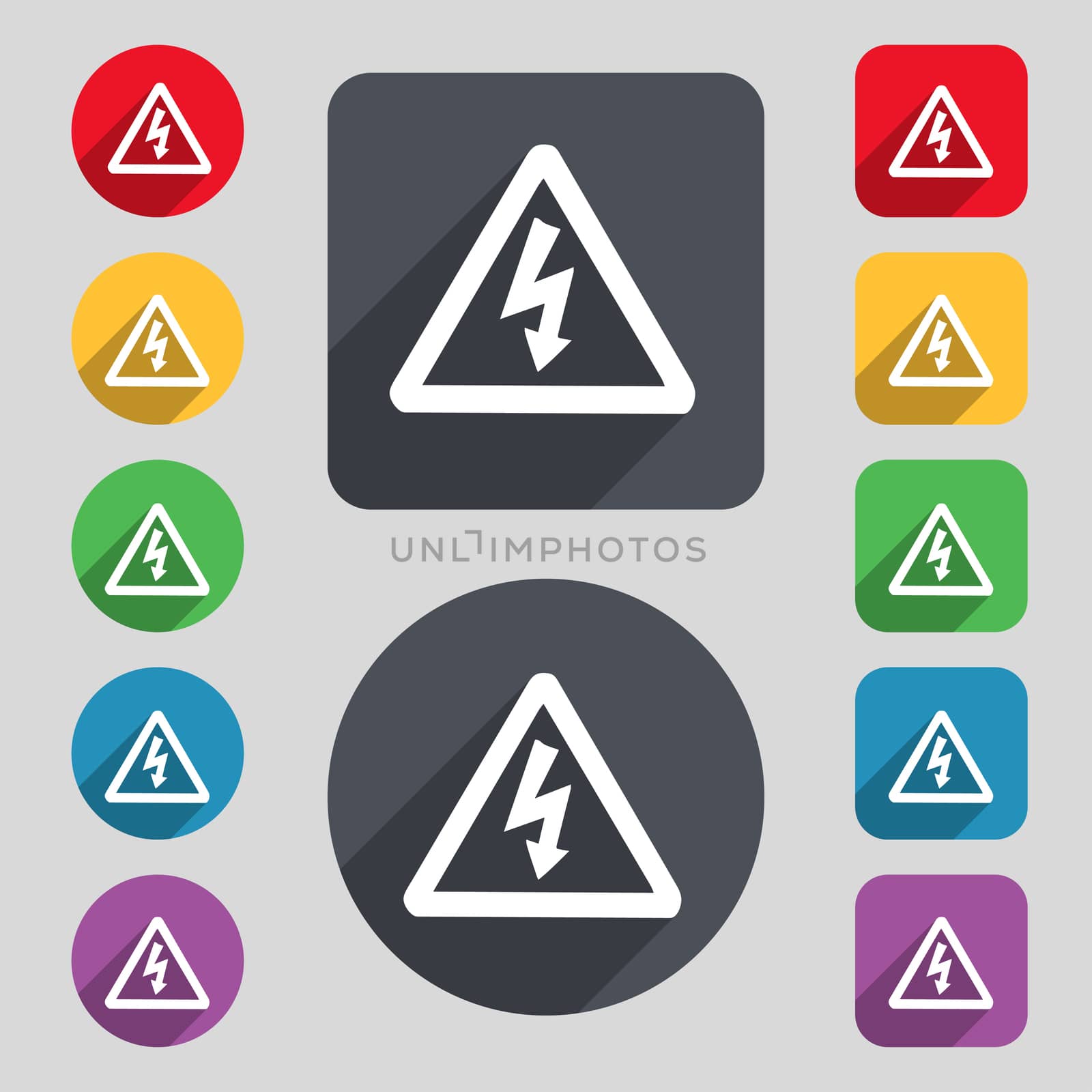 voltage icon sign. A set of 12 colored buttons and a long shadow. Flat design. illustration