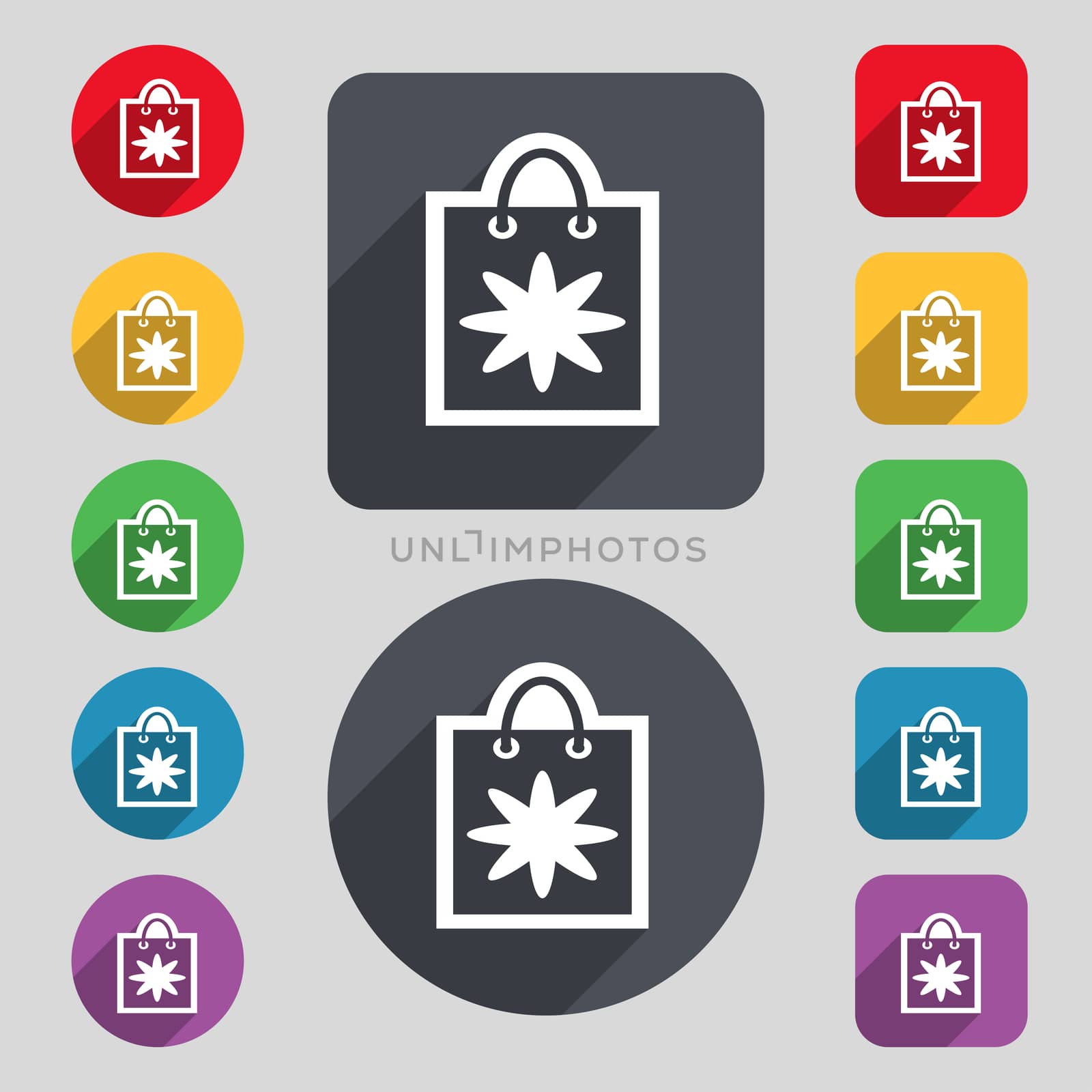 shopping bag icon sign. A set of 12 colored buttons and a long shadow. Flat design. illustration