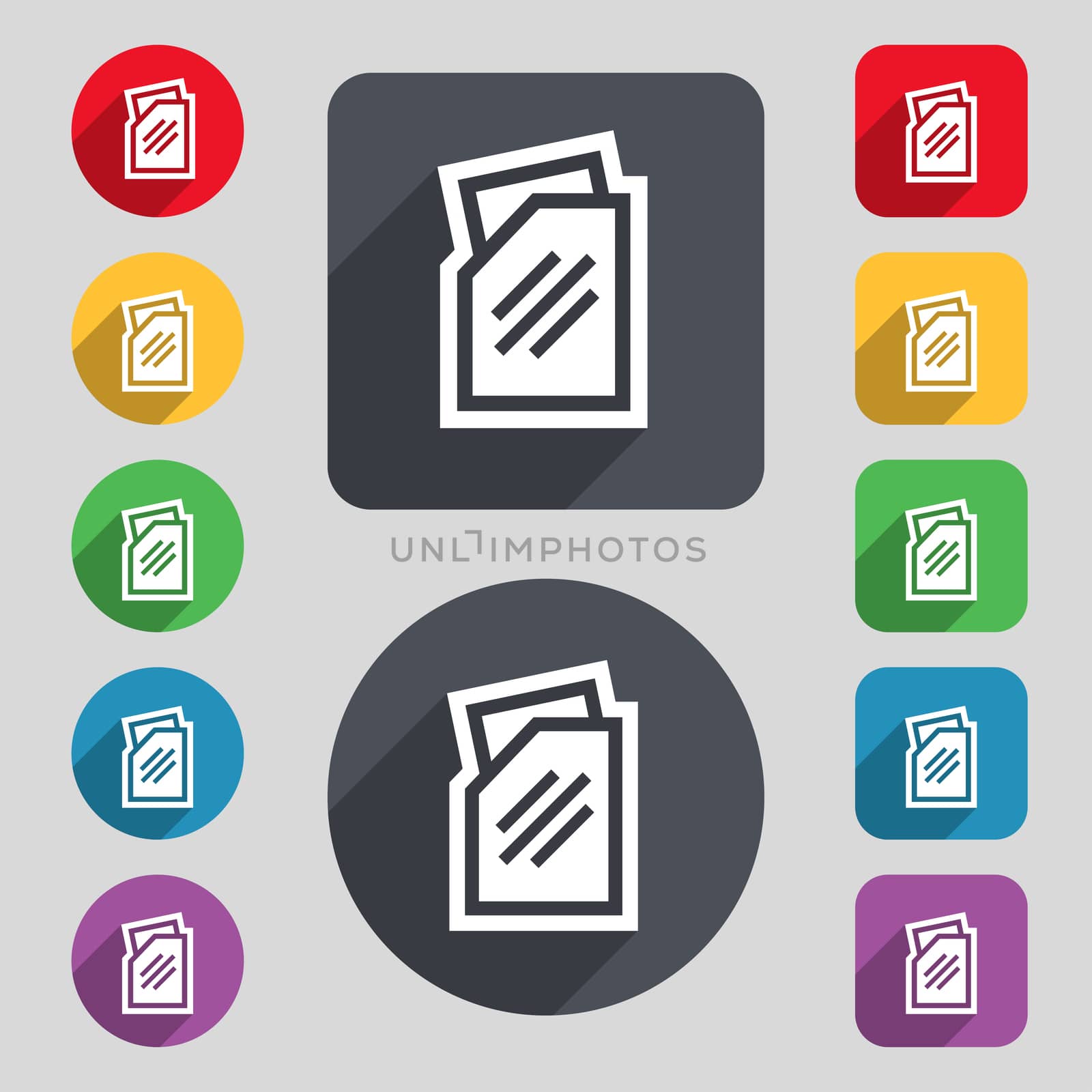 Text file icon sign. A set of 12 colored buttons and a long shadow. Flat design. illustration