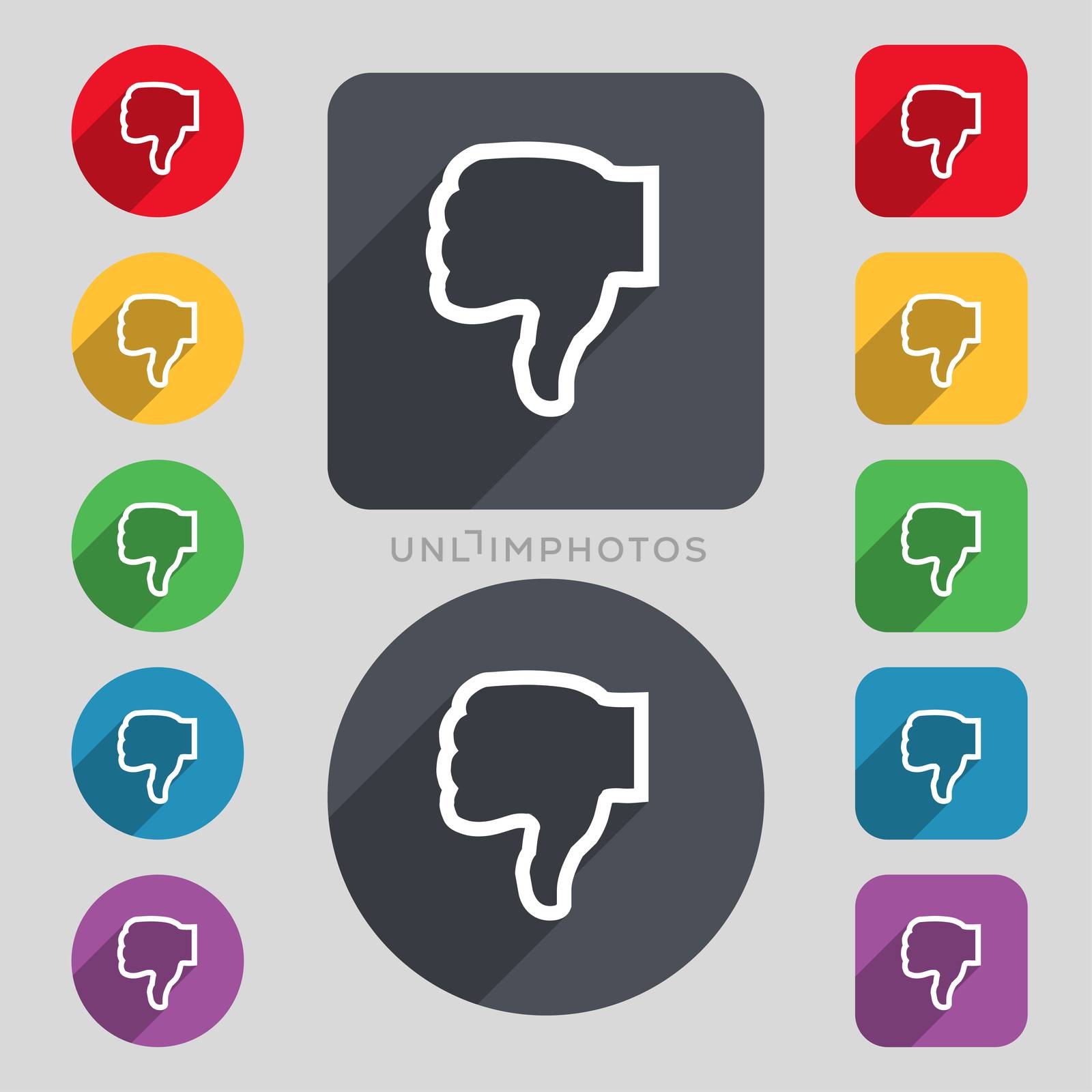 Dislike icon sign. A set of 12 colored buttons and a long shadow. Flat design.  by serhii_lohvyniuk