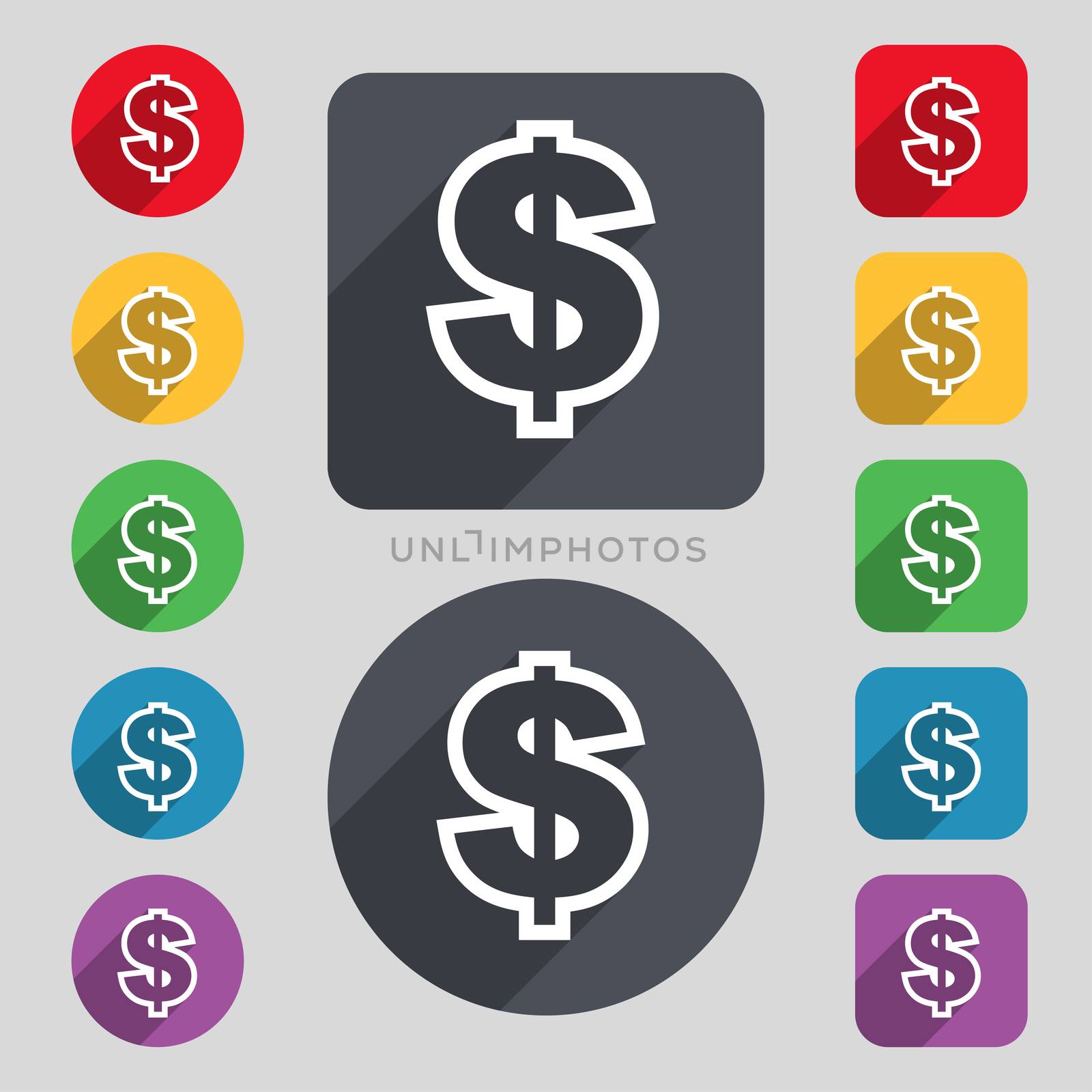 Dollar icon sign. A set of 12 colored buttons and a long shadow. Flat design.  by serhii_lohvyniuk